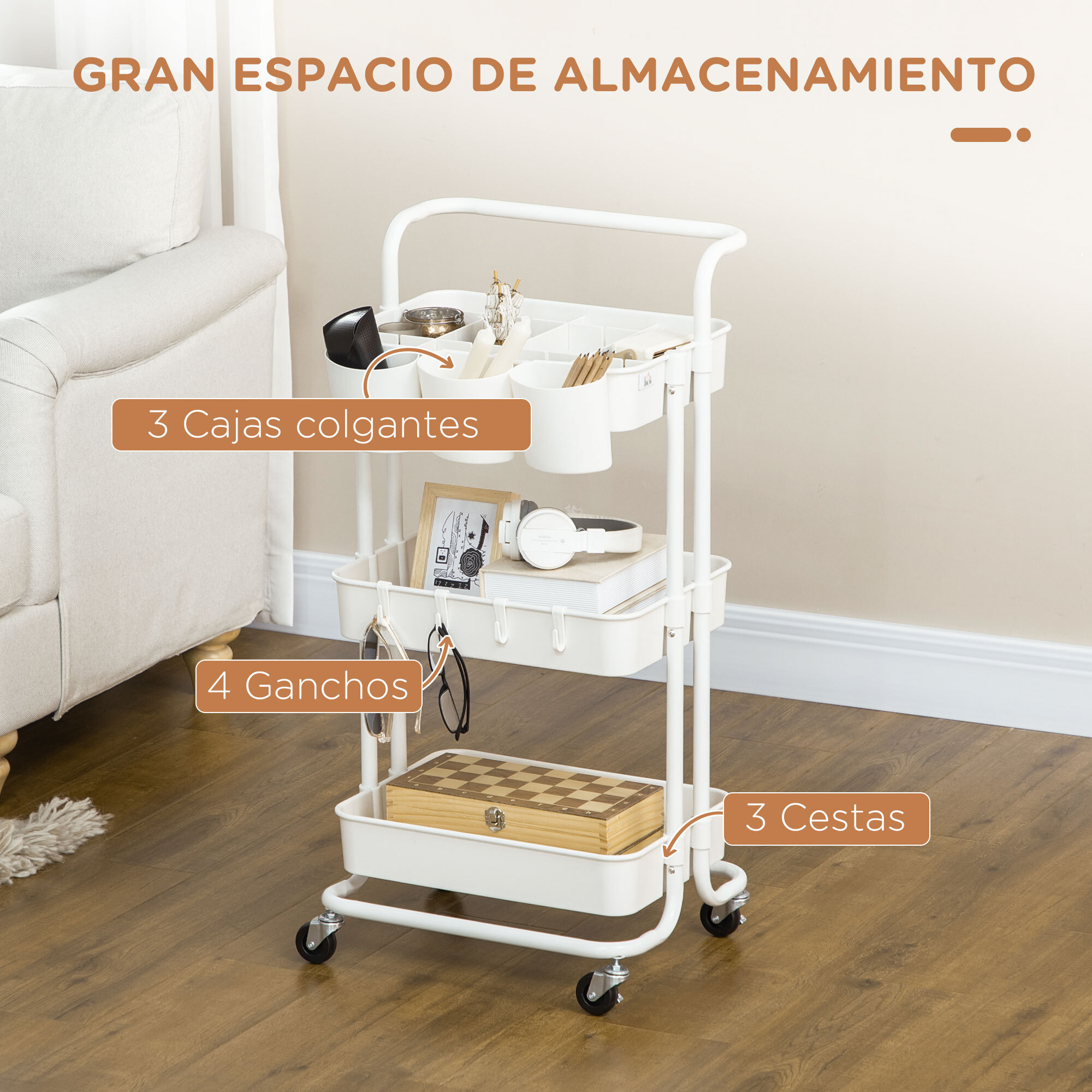 Carro Auxiliar con Ruedas Carrito de Almacenamiento de 3 Niveles con Asa 3 Cajas Colgantes y 4 Ganchos para Salón Comedor Cocina Baño 42x38x86,5 cm Blanco