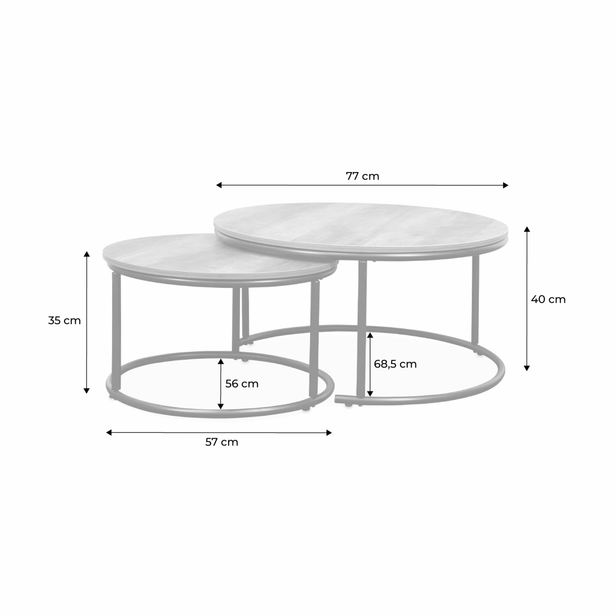 Lot de 2 tables gigognes rondes métal noir. décor bois - Loft - encastrables. 1x Ø77 x H 40cm / x1 Ø57 x H 35cm