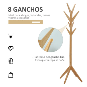 HOMCOM Perchero de Pie de Bambú Tipo Árbol con 8 Ganchos para Colgar Ropa Bolsas Sombreros para Entrada Recibidor Pasillo Salón 60x60x178 cm Natural