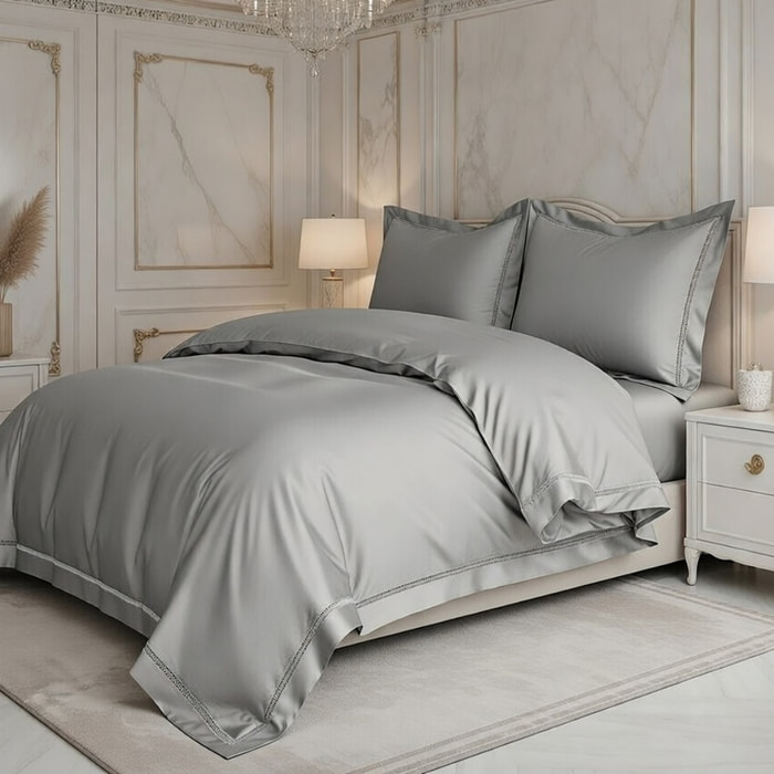 Parure housse de couette 100% coton brodé- Brojad uni gris perle