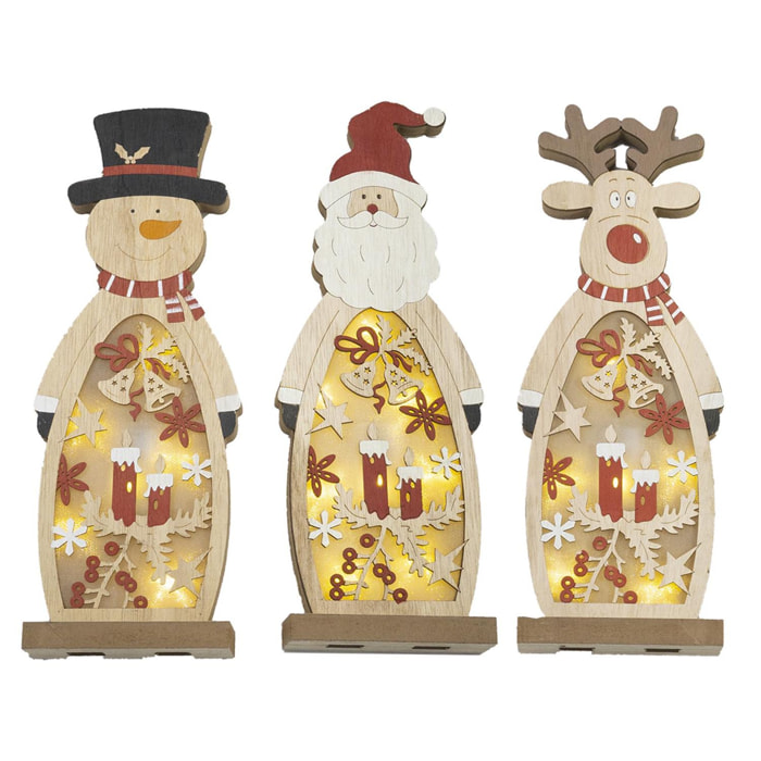 Figura decorativa navideña de madera con luz LED. Diseño aleatorio Papá Noel, reno o muñeco de nieve.