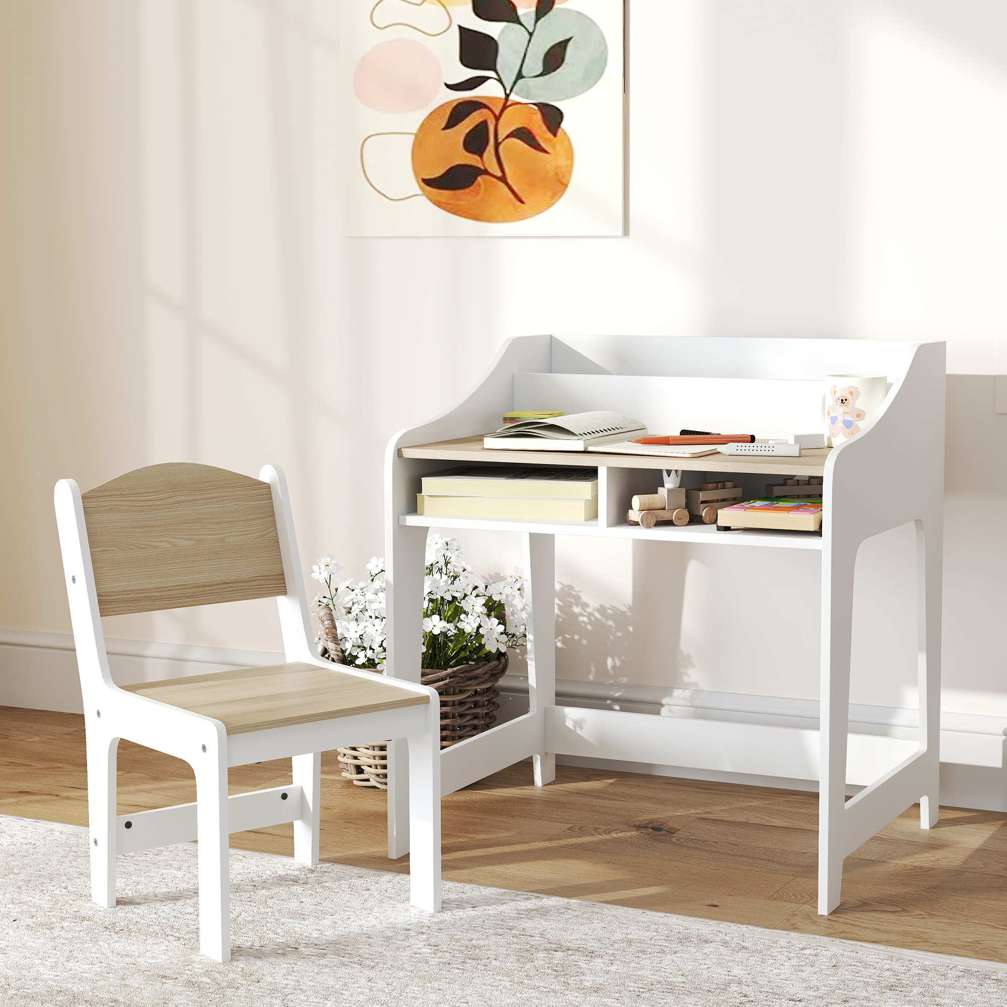 Ensemble bureau et chaise enfant 3-8 ans - 5 compartiments de rangement - blanc effet bois naturel