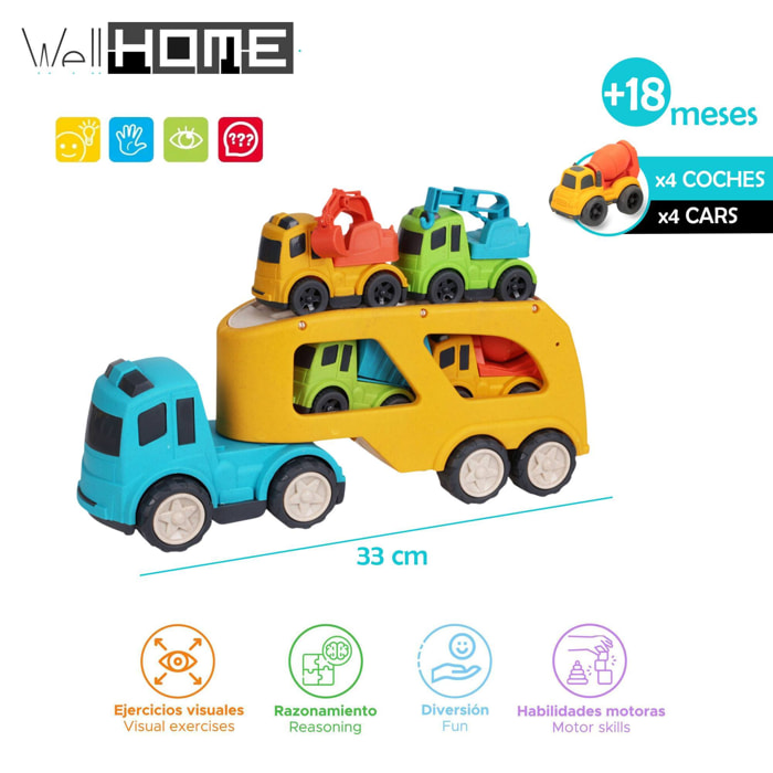 Well home camión de juguete 33cm con remolque y 4 coches