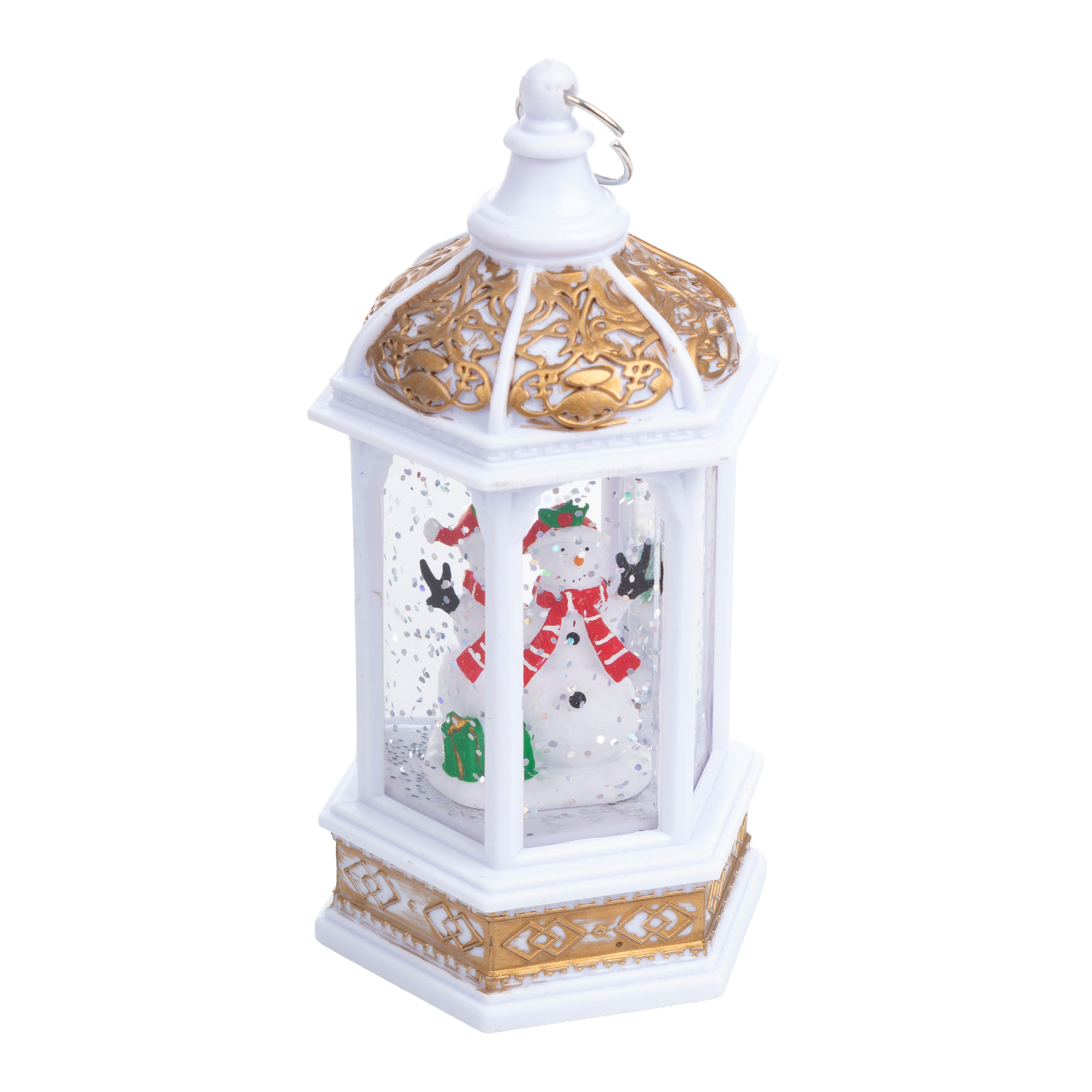 Lanterna bianca di Natale con luce ed effetto neve di 14 cm. Design Pupazzo di neve.