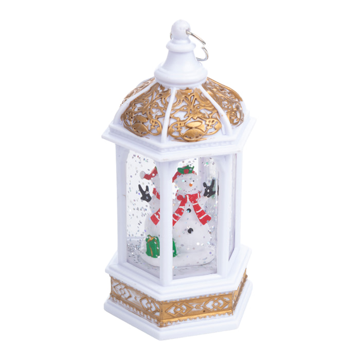 Lanterna bianca di Natale con luce ed effetto neve di 14 cm. Design Pupazzo di neve.