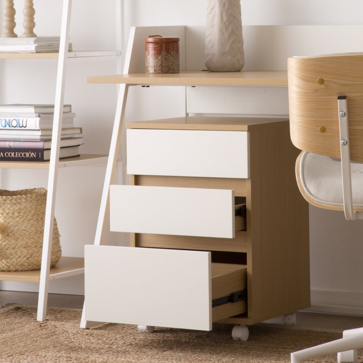 Caisson 3 tiroirs pour Étagère Poppy -tableau technique stratifié-couleur chêne clair/blanc 40 x 62 x 40 cm