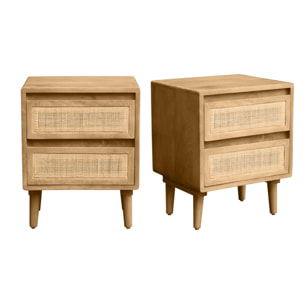 Tables de chevet en bois manguier massif et cannage rotin avec rangements 2 tiroirs (lot de 2) ACANGE