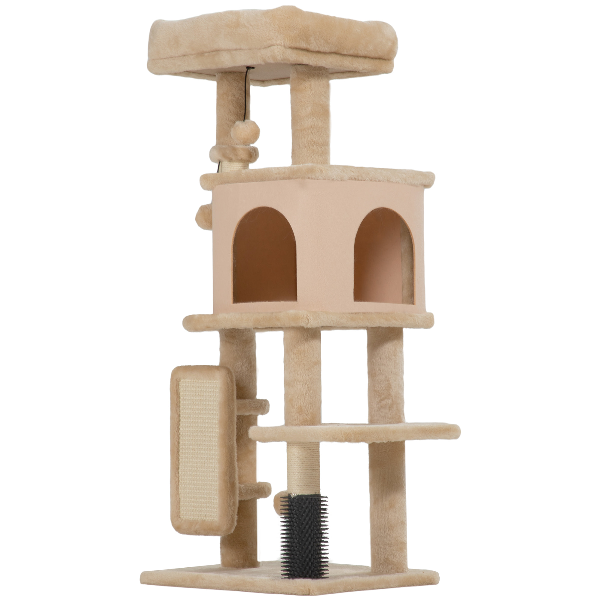 Arbre à chat H.104 cm - griffoir, grattoir, bande massante, jeux boules, niche, plateforme observation - beige
