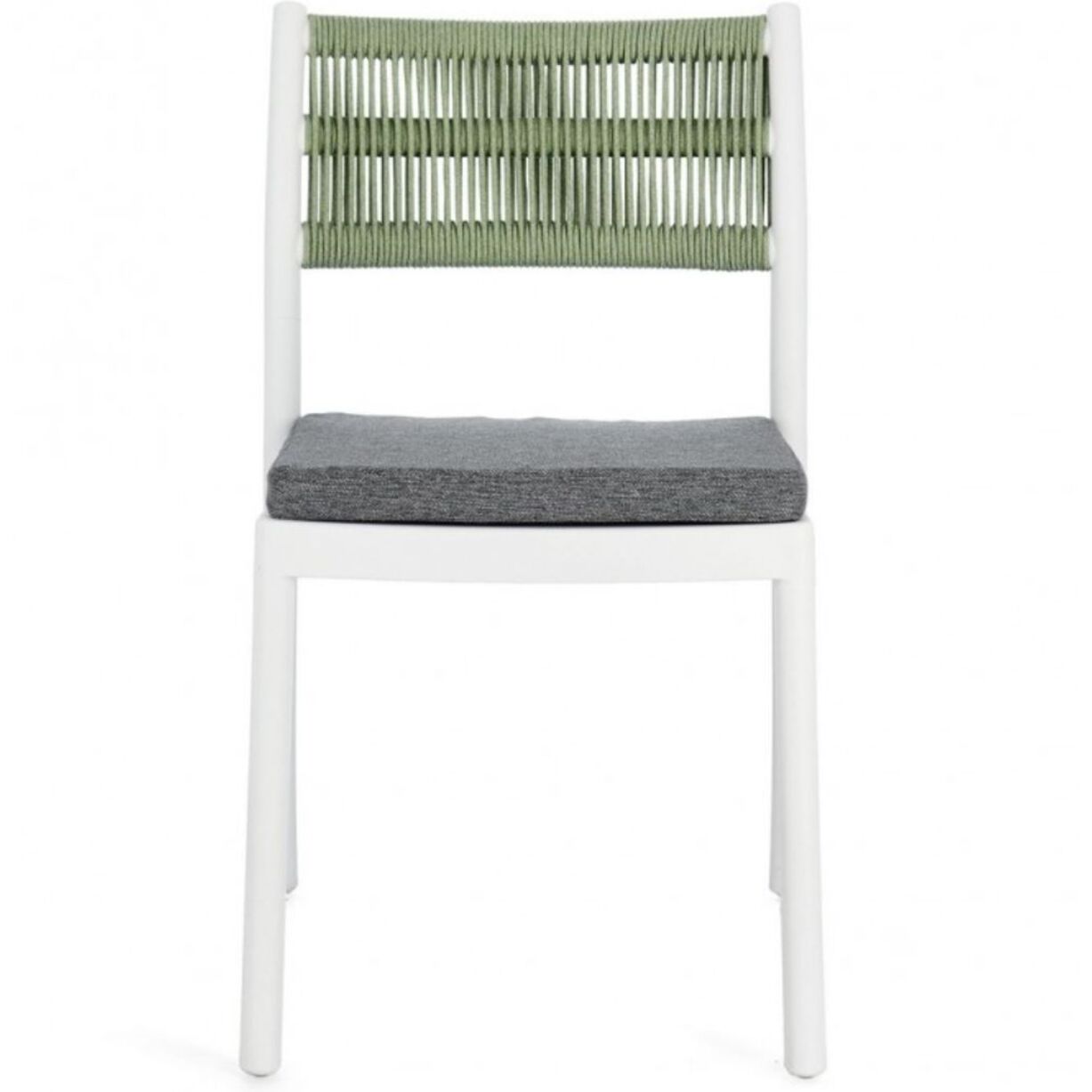 Set di 4 sedie ALVIN in polipropilene bianco e corda intrecciata verde, impilabili