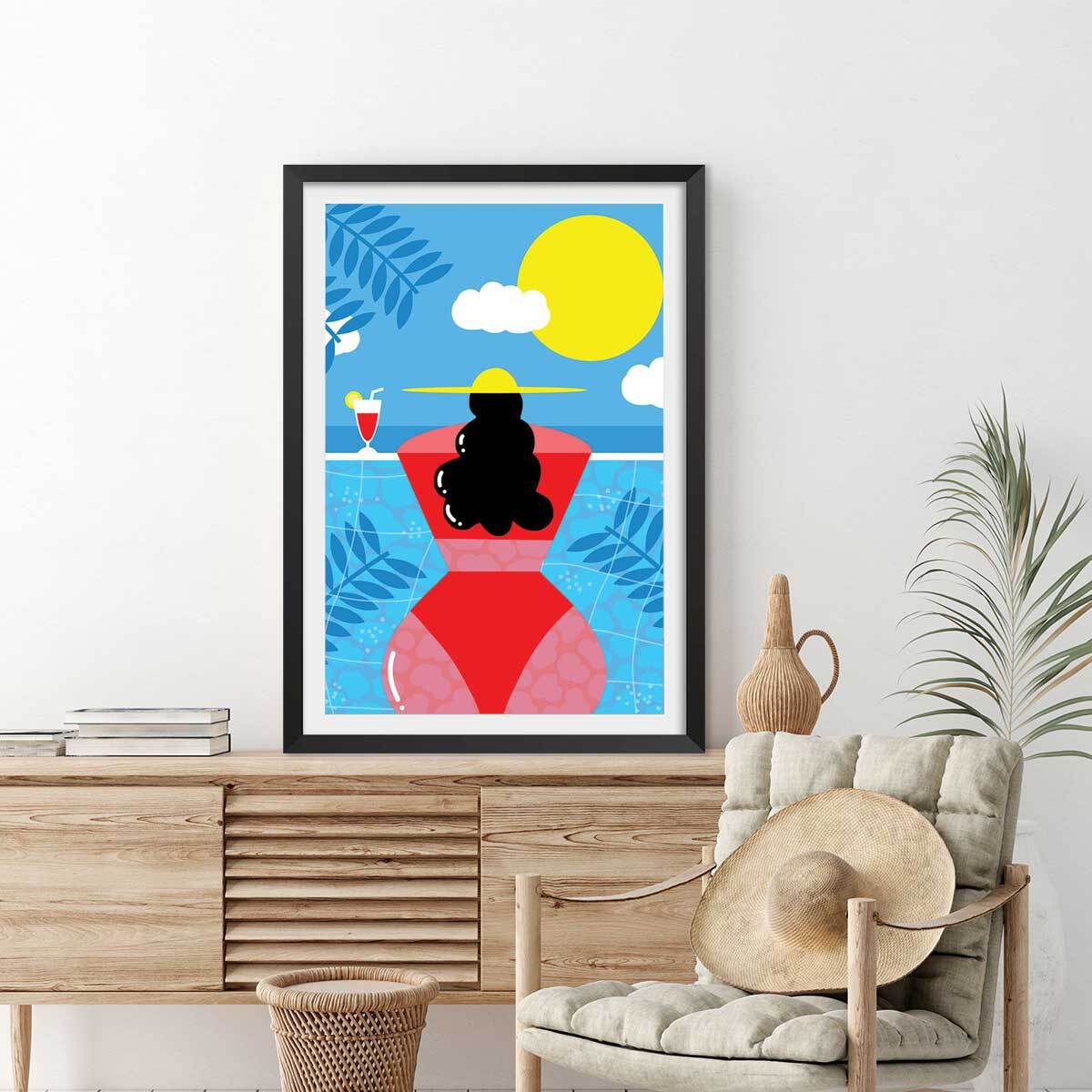 Affiche femme au bord de la piscine Affiche sous cadre noir