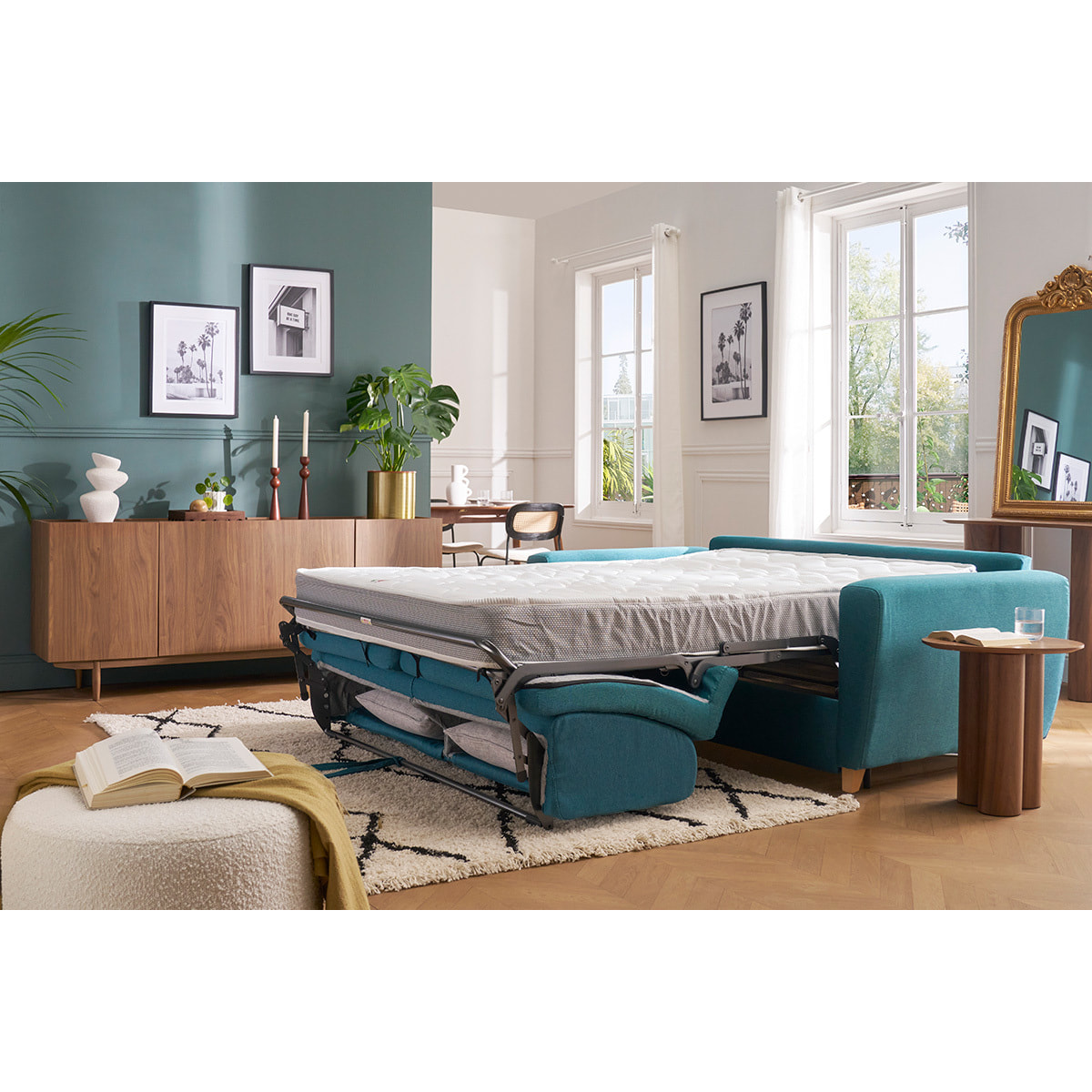 Canapé convertible en tissu gris clair et bois clair avec matelas 18 cm GRAHAM