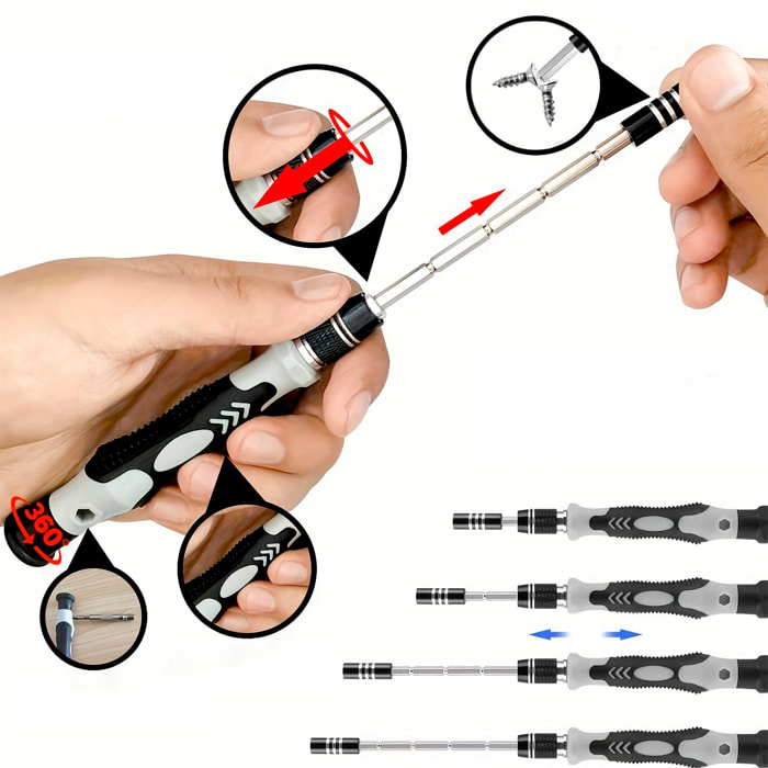 Kit de destornillador multifunción portátil 115 en 1 con eje flexible, barra de crecimiento, pinza y 98 puntas.