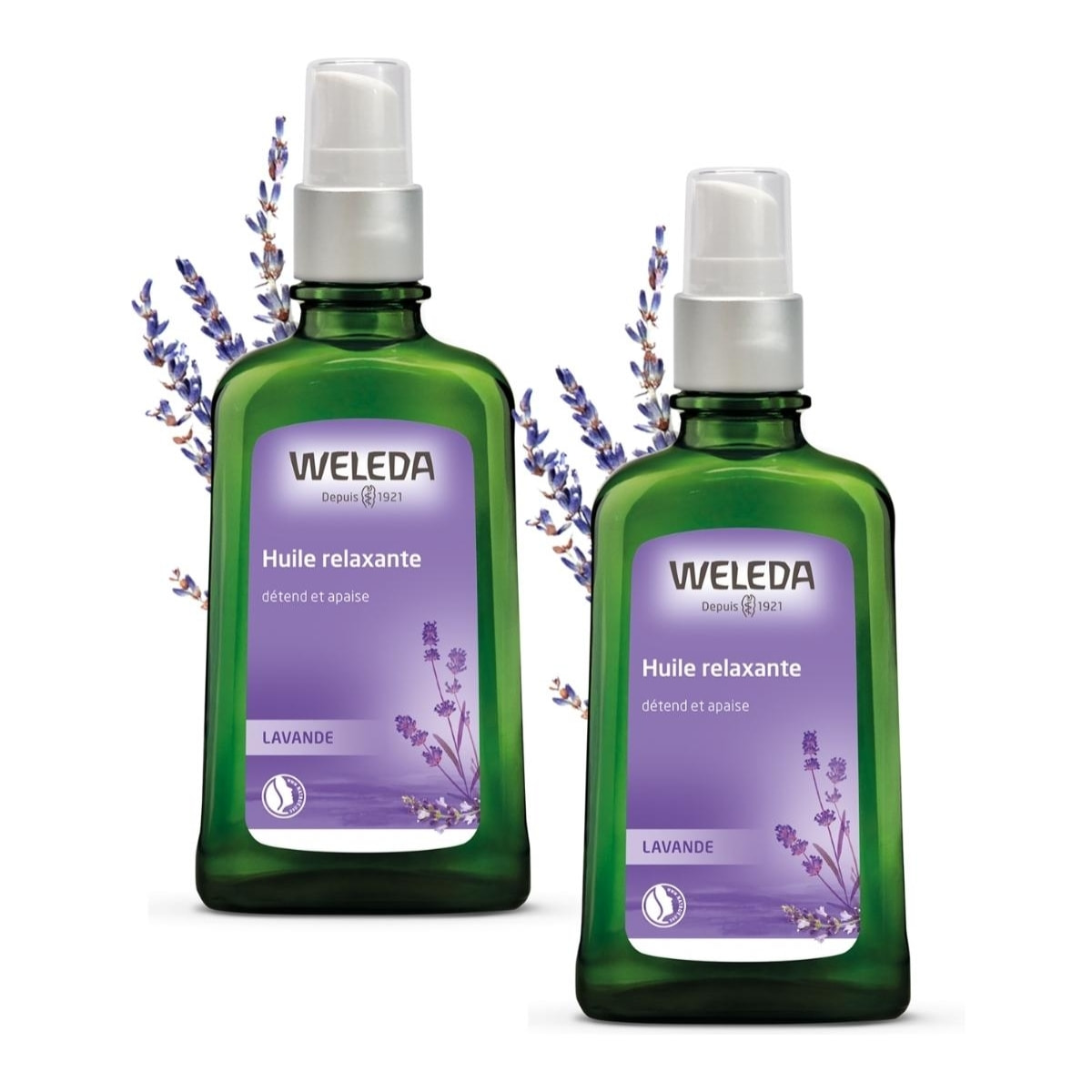 WELEDA - Duo Huile relaxante à la Lavande  - Soin corporel - Détend et ressource -  Vegan* -  Certifié Natrue** - Flacon-pompe 100 ml  x 2