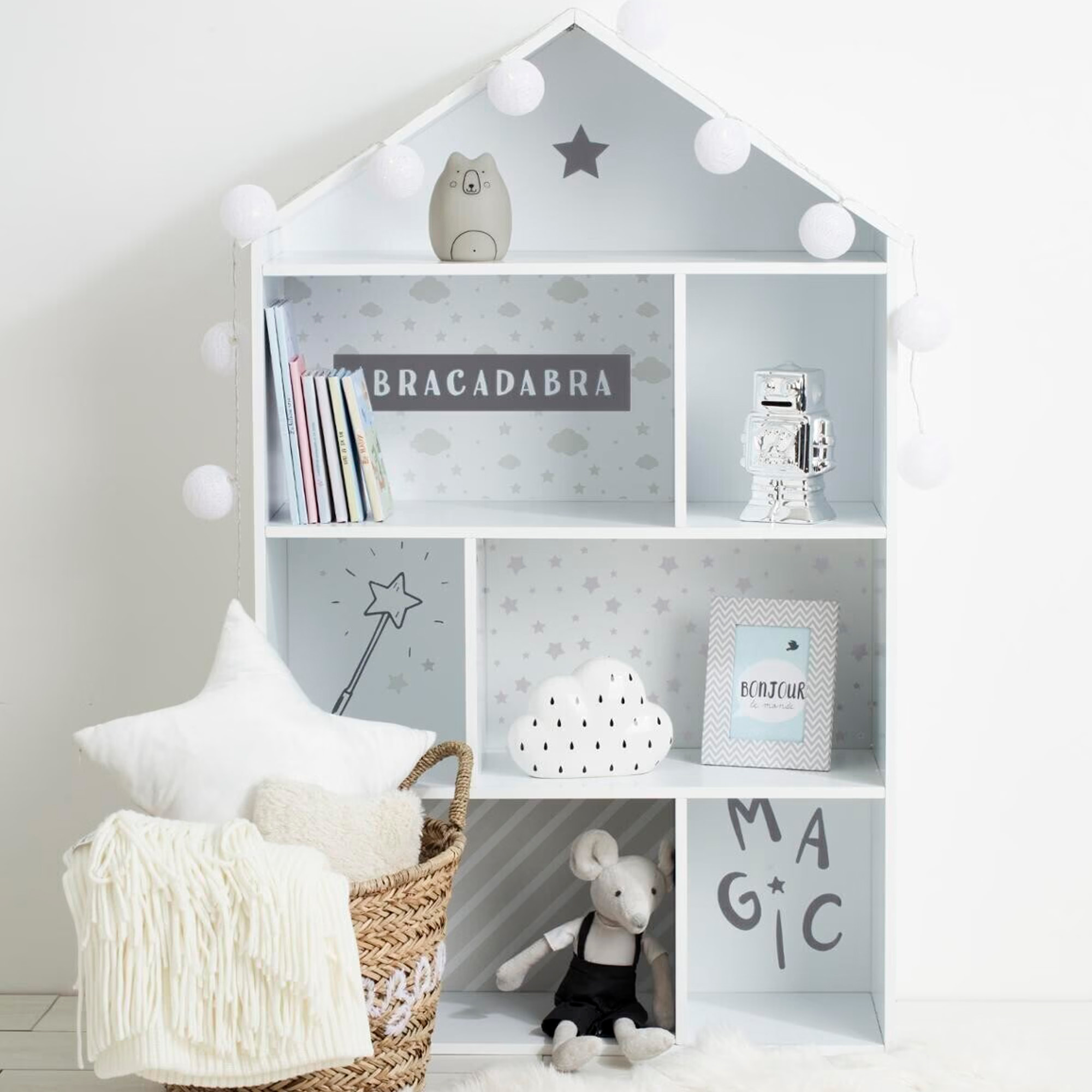 Librería infantil en forma de casa con 7 espacios gris WellHome.