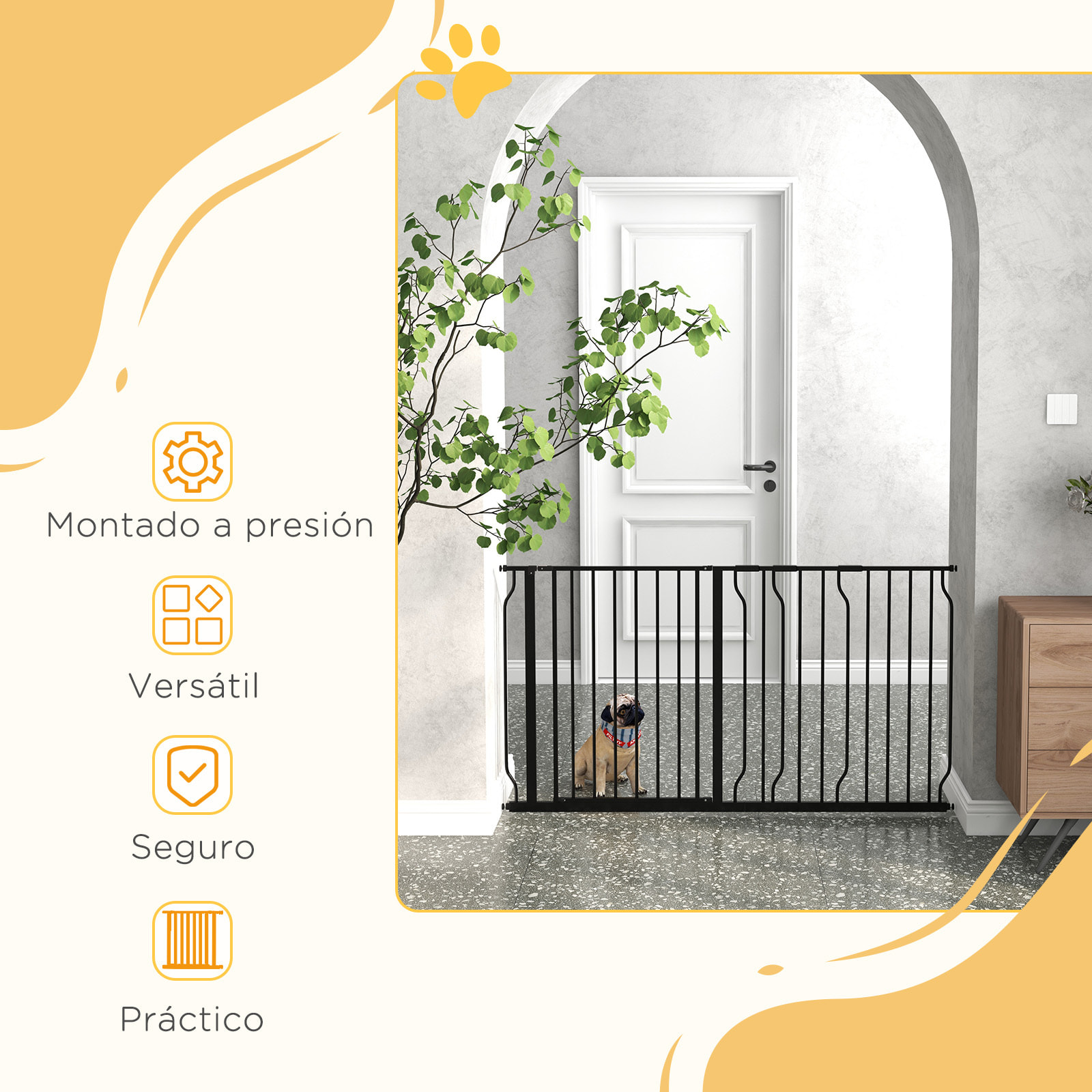 Barrera de Seguridad de Perros Extensible para Escaleras y Puertas 75-145 cm con Extensiones Montaje a Presión Acero Altura 76 cm Negro