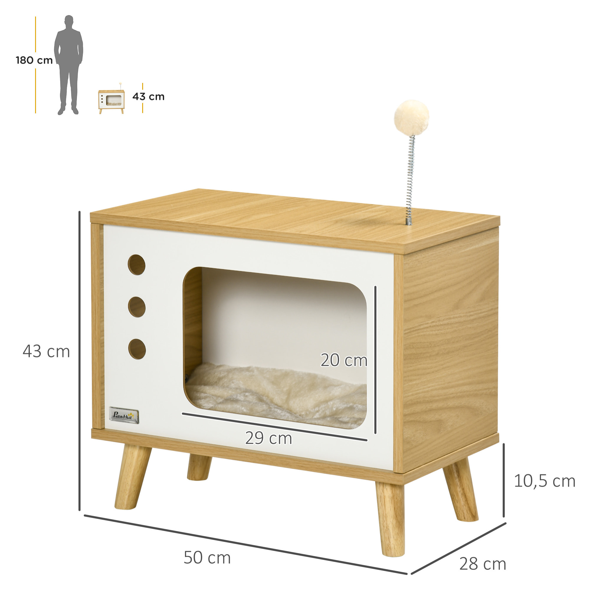 Cama Cueva de Gatos Mesa Auxiliar Estilo Televisor con Cojín Bola 50x28x43 cm