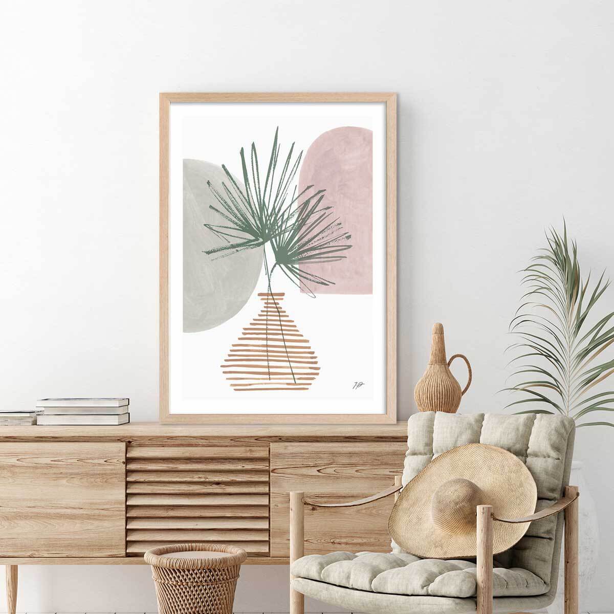 Affiche fleurs Feuille en éventail Affiche + cadre en bois - Chêne