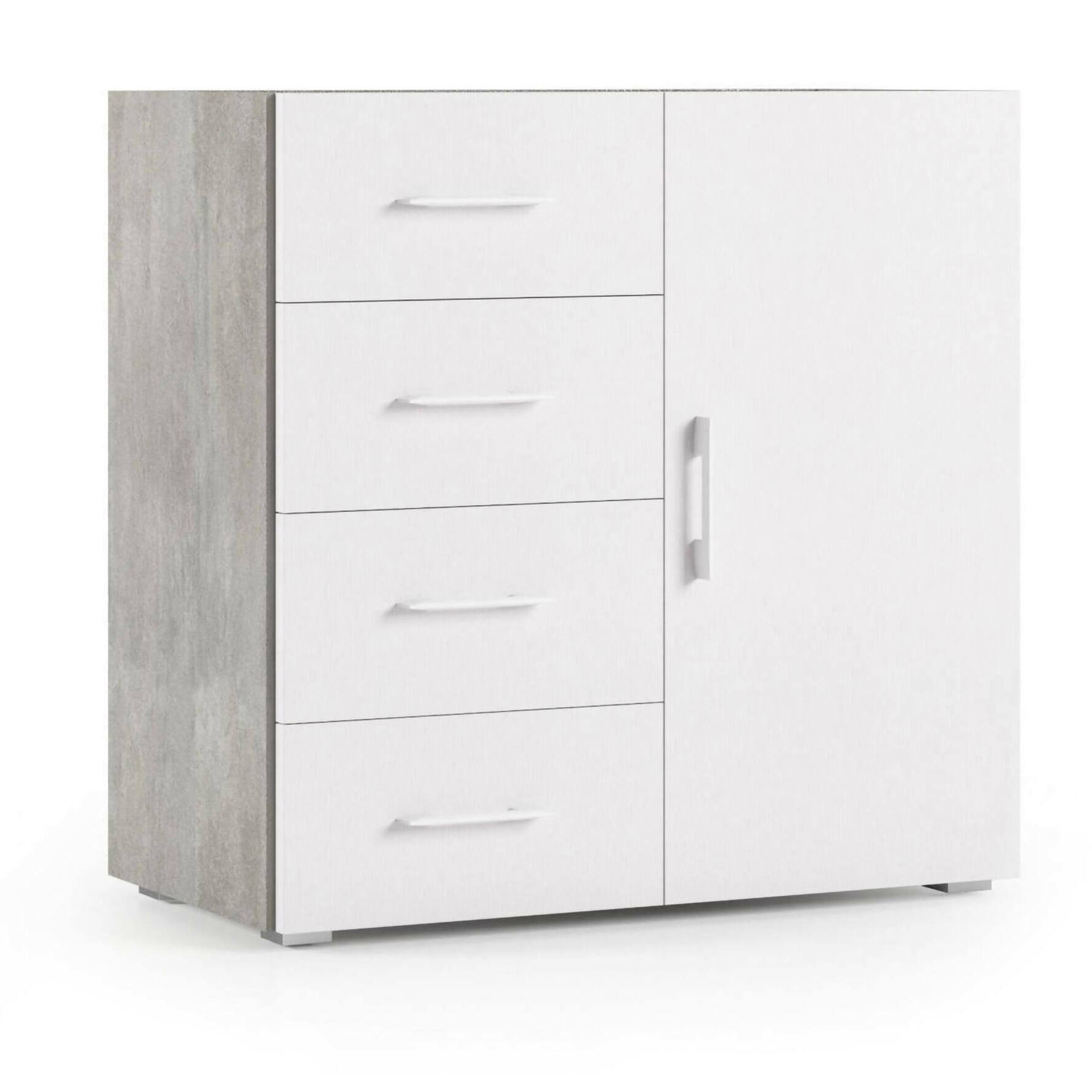 Credenza Violetta, Mobile buffet a 1 anta e 4 cassetti, Madia da soggiorno, Armadietto multiuso con ripiani, 100% Made in Italy, Cm 90x41h87, Bianco e Cemento