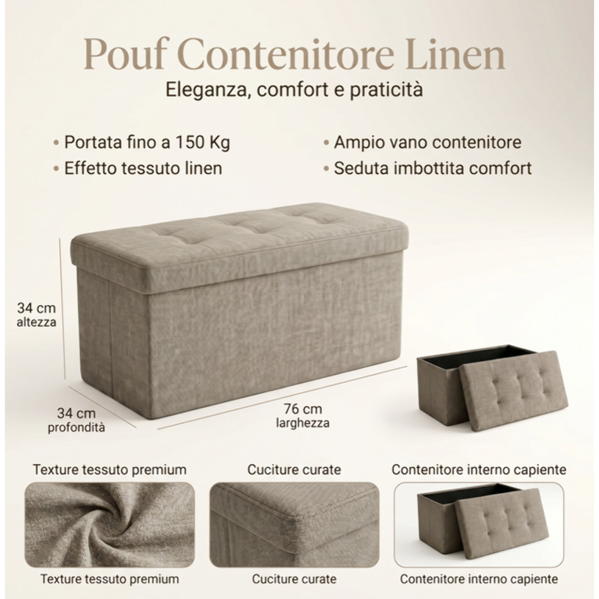 Pouf contenitore pieghevole 76x34x34 cm, panca con vano portaoggetti capiente, seduta imbottita resistente fino a 150 kg, design effetto lino elegante, salvaspazio ideale per soggiorno camera ingresso e cameretta