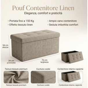 Pouf contenitore pieghevole 76x34x34 cm, panca con vano portaoggetti capiente, seduta imbottita resistente fino a 150 kg, design effetto lino elegante, salvaspazio ideale per soggiorno camera ingresso e cameretta