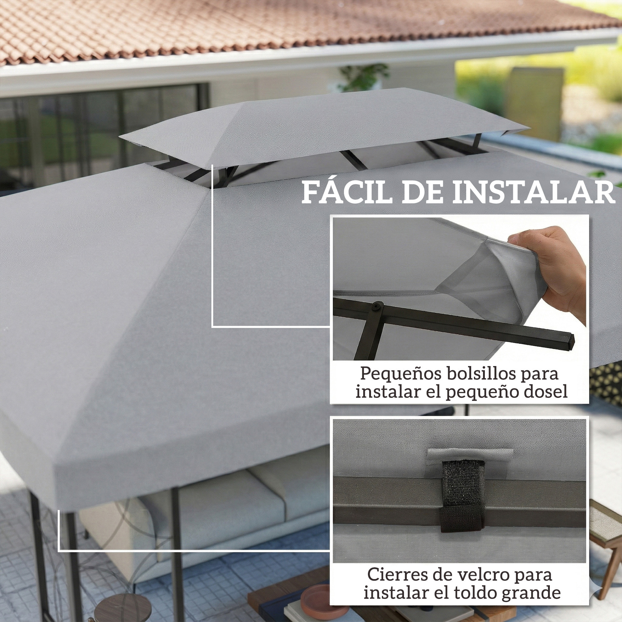 Techo de Repuesto para Cenador, 4x3 m, Cubierta de Repuesto con Techo Doble, 10 Orificios de Drenaje y Protección UV, SOLO Toldo de Recambio para Pabellón Gazebo, Gris Claro