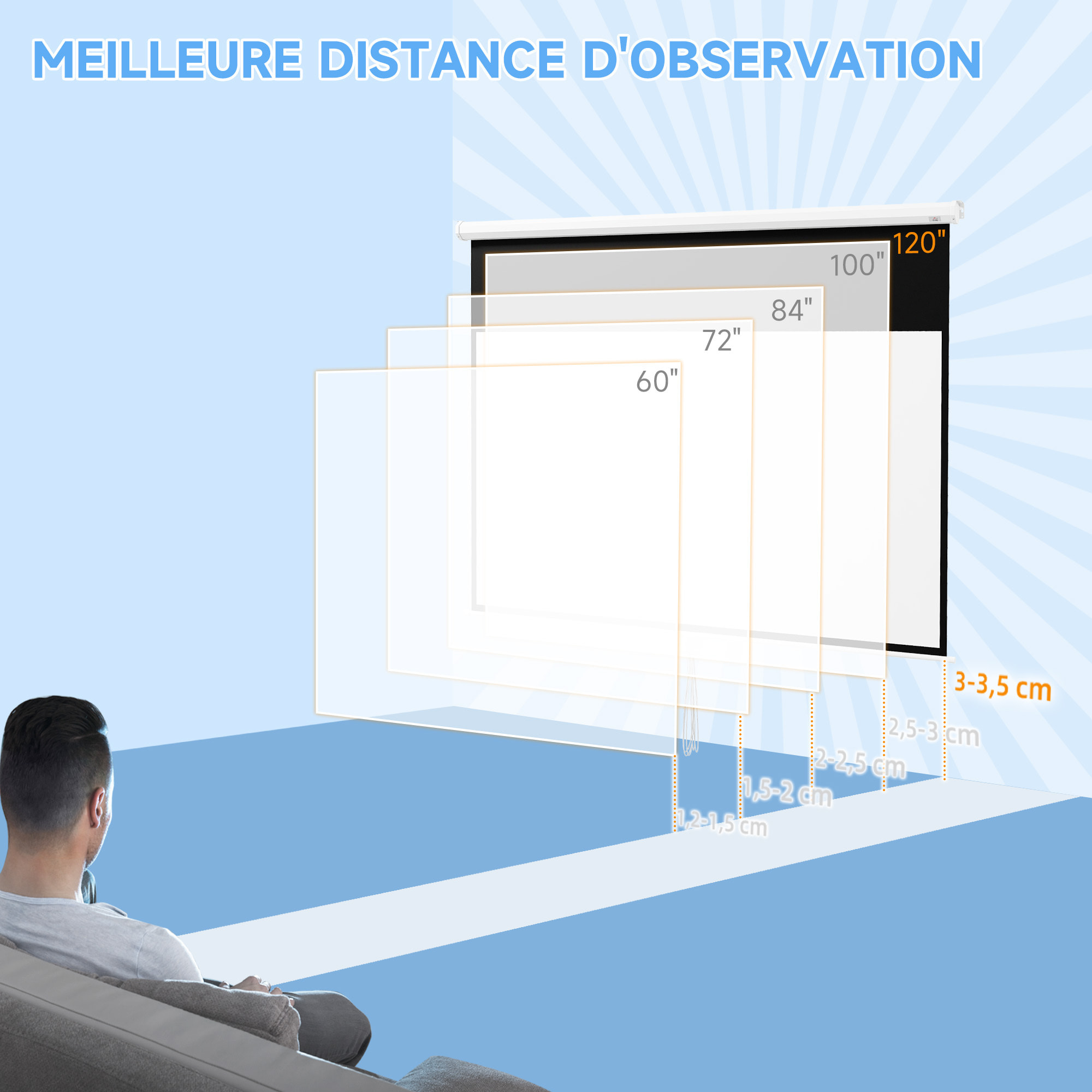 Écran de projection home-cinéma TV format 16:9 120 pouces 4K HD métal PVC blanc