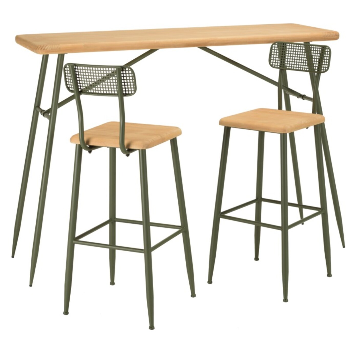 HELENA - Ensemble 1 bar + 2 tabourets en bois de pin et métal vert