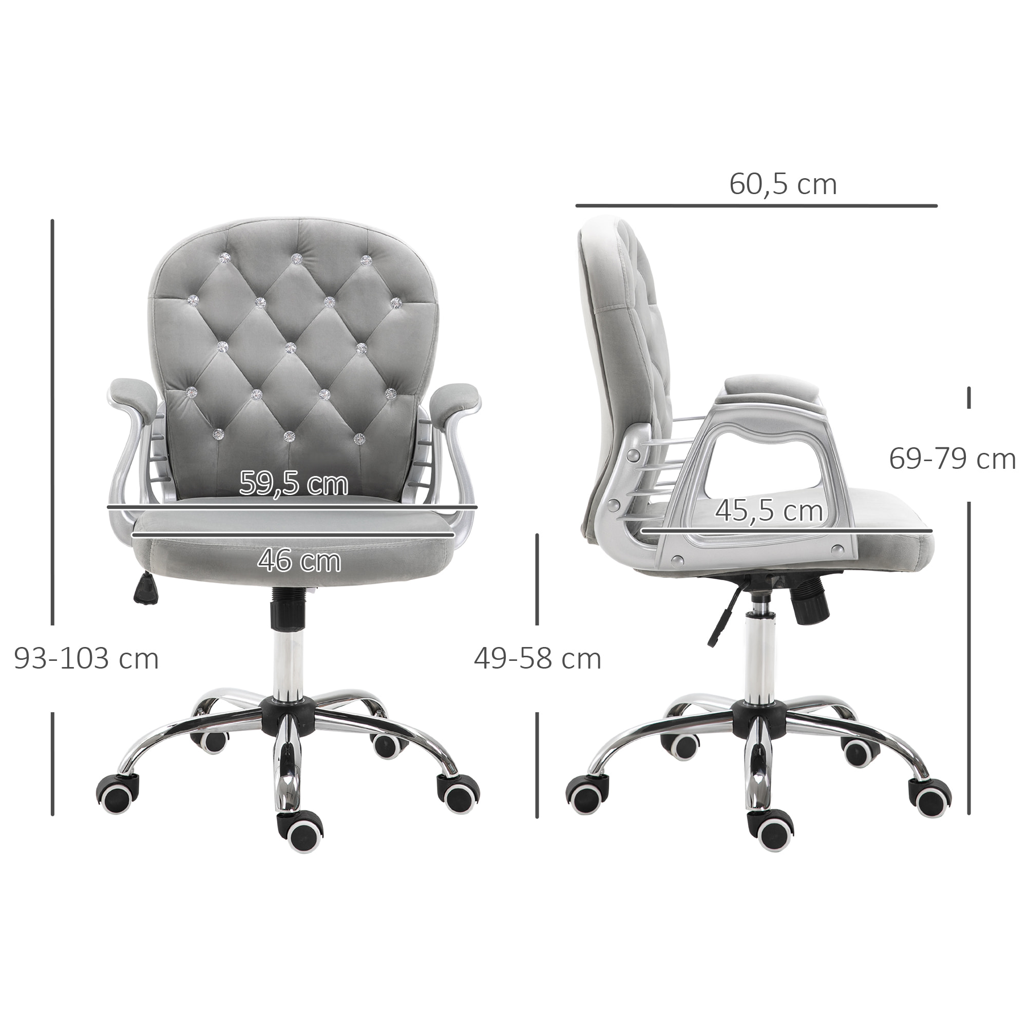 Silla de Escritorio Tapizada en Terciopelo Silla Giratoria con Altura Ajustable Reposabrazos y Decoraciones de Diamantes Carga 120 kg Silla para Estudio Dormitorio 59,5x60,5x93-103 cm Gris
