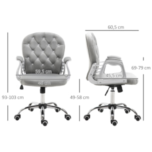Silla de Escritorio Tapizada en Terciopelo Silla Giratoria con Altura Ajustable Reposabrazos y Decoraciones de Diamantes Carga 120 kg Silla para Estudio Dormitorio 59,5x60,5x93-103 cm Gris
