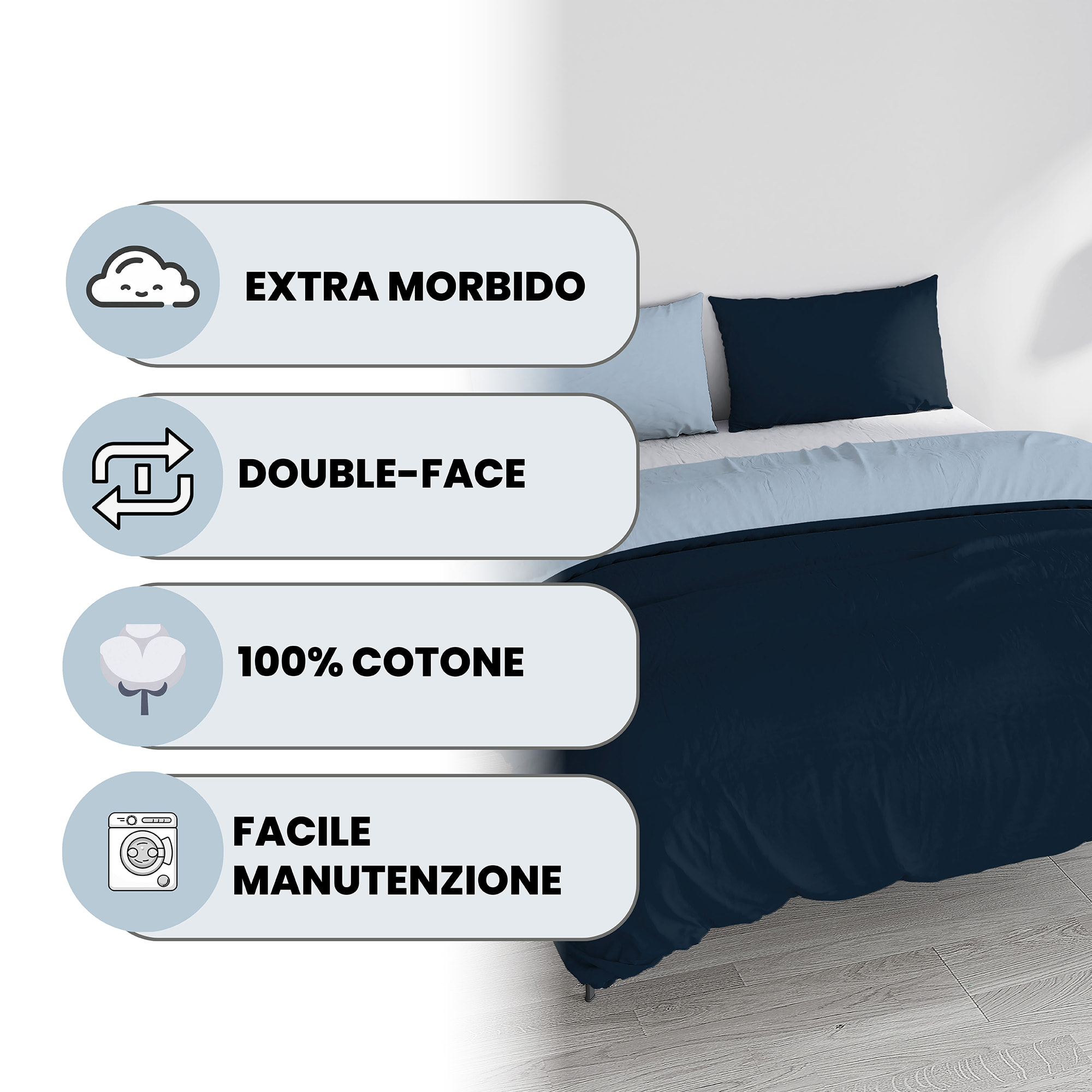 PARURE COPRIPIUMINO NATURAL COLOR, 100% Cotone, Made in Italy - BLU SCURO/AZZURRO