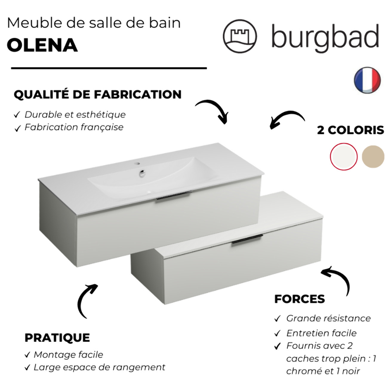 Meuble vasque 120 cm BURGBAD Olena en décalé blanc brillant