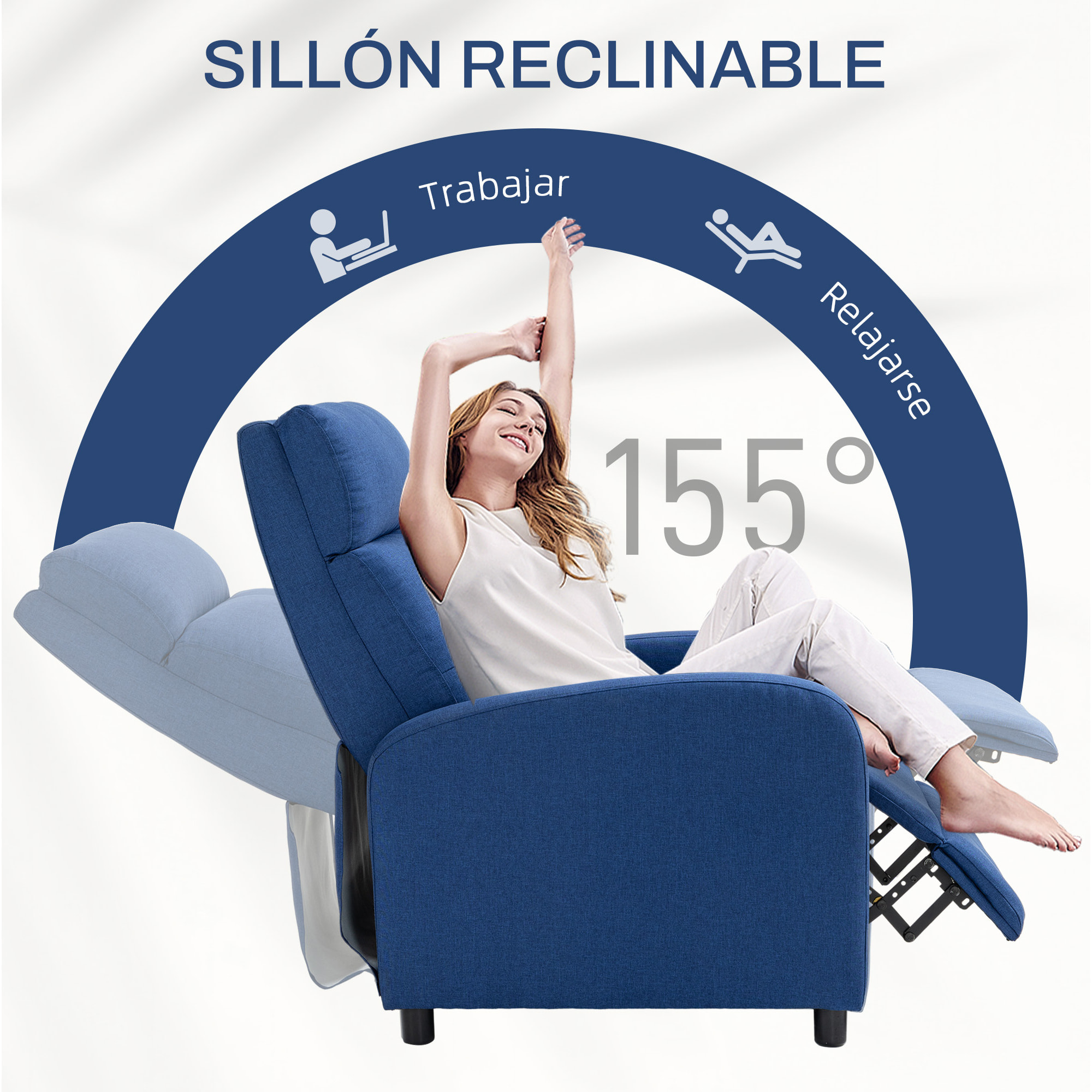 Sillón Relax Reclinable Manual Sillón Reclinable para Salón Tapizado en Tela con Reposapiés Respaldo Alto Carga 150 kg para Dormitorio Oficina Azul