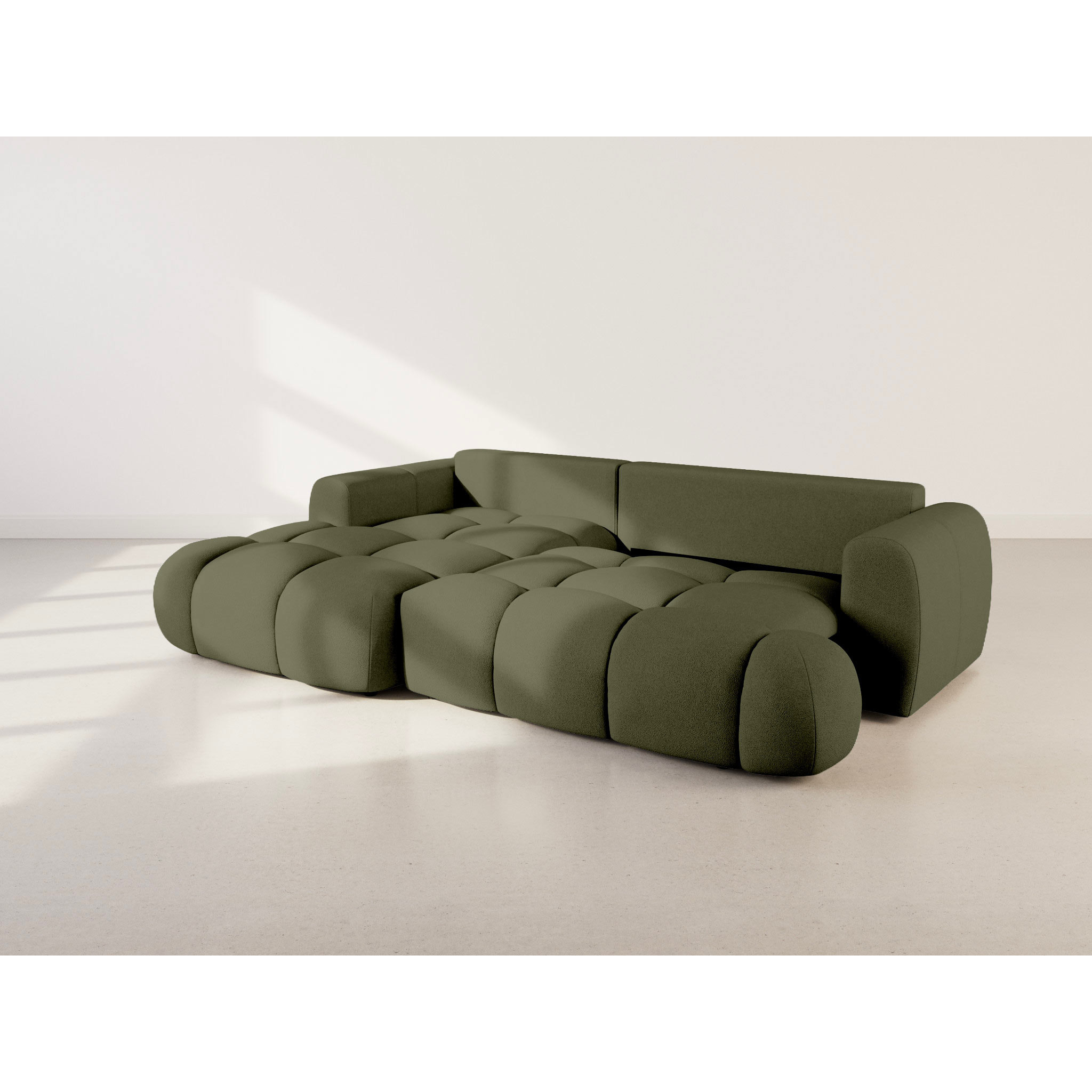 Yulin - Canapé d'angle gauche 4 places convertible avec coffre en tissu bouclette - Vert