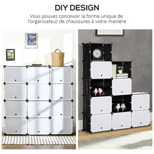 Meuble de rangement - meuble à chaussures modulable 12 casiers avec portes et étagères - dim. 125L x 32l x 125H cm - PP noir blanc