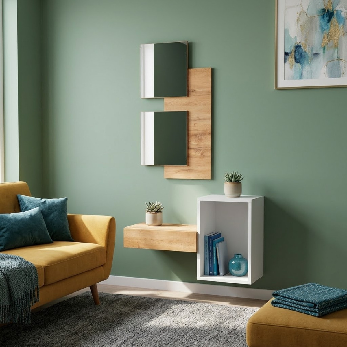 Set Mobile Ingresso Moderno Con Specchi Pensile A Giorno Mensola Con Cassetto Salvaspazio Mobile Da Parete 100 x 170 x 30 Cm Bianco E Rovere