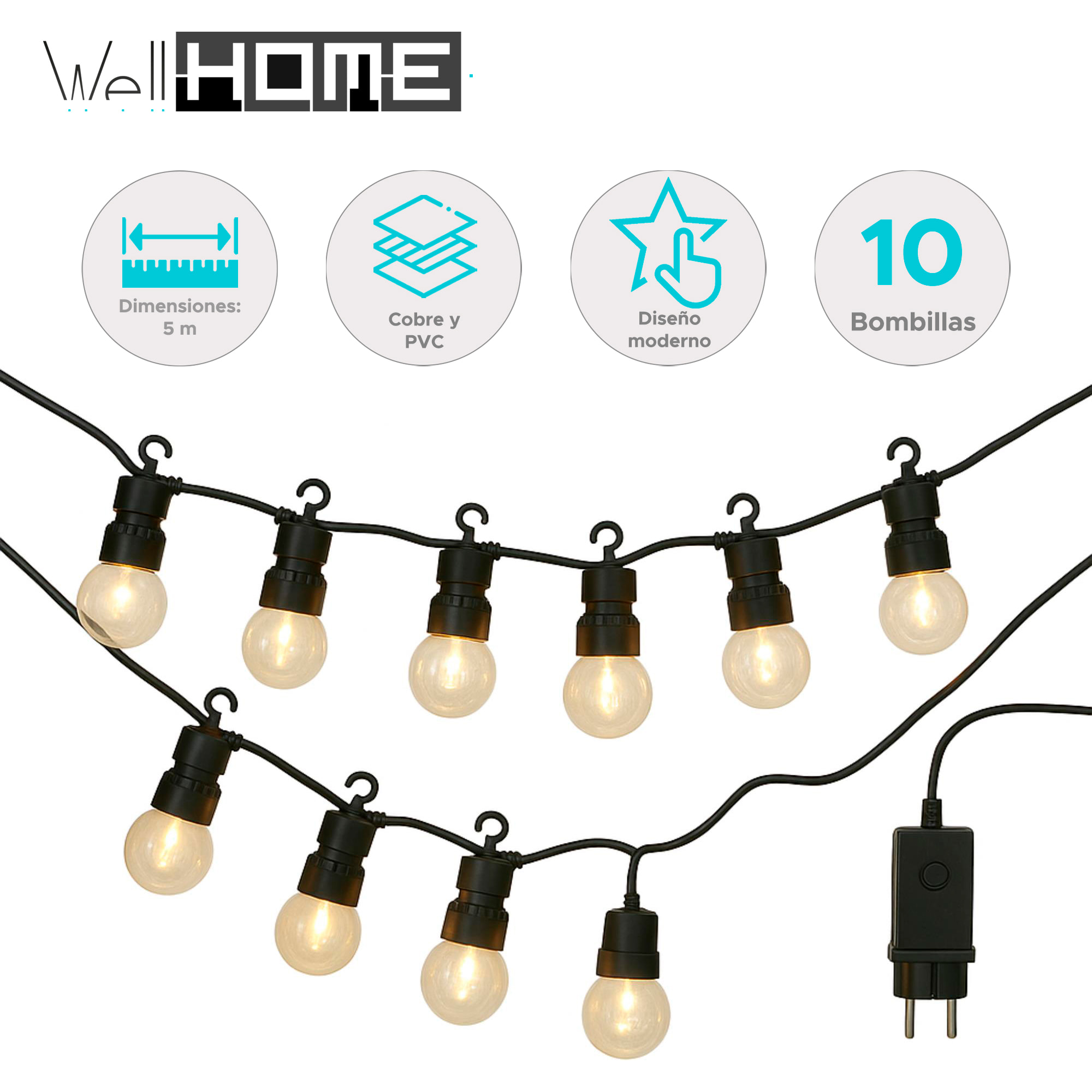 Guirnalda de luces led blancas cálidas para decoración interior, 10 bolas g50 con temporizador y transformador