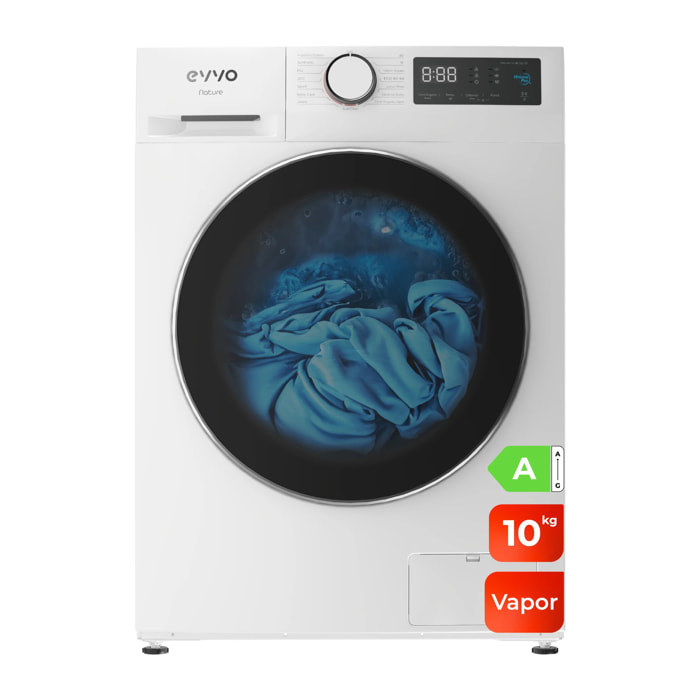 EVVO Lavadora Nature 10 10 kg, 1350 rpm, Clase A, motor inverter, tambor ePROTECT, vapor Steam Wash, 15 programas, 15’ rápido, blanco.