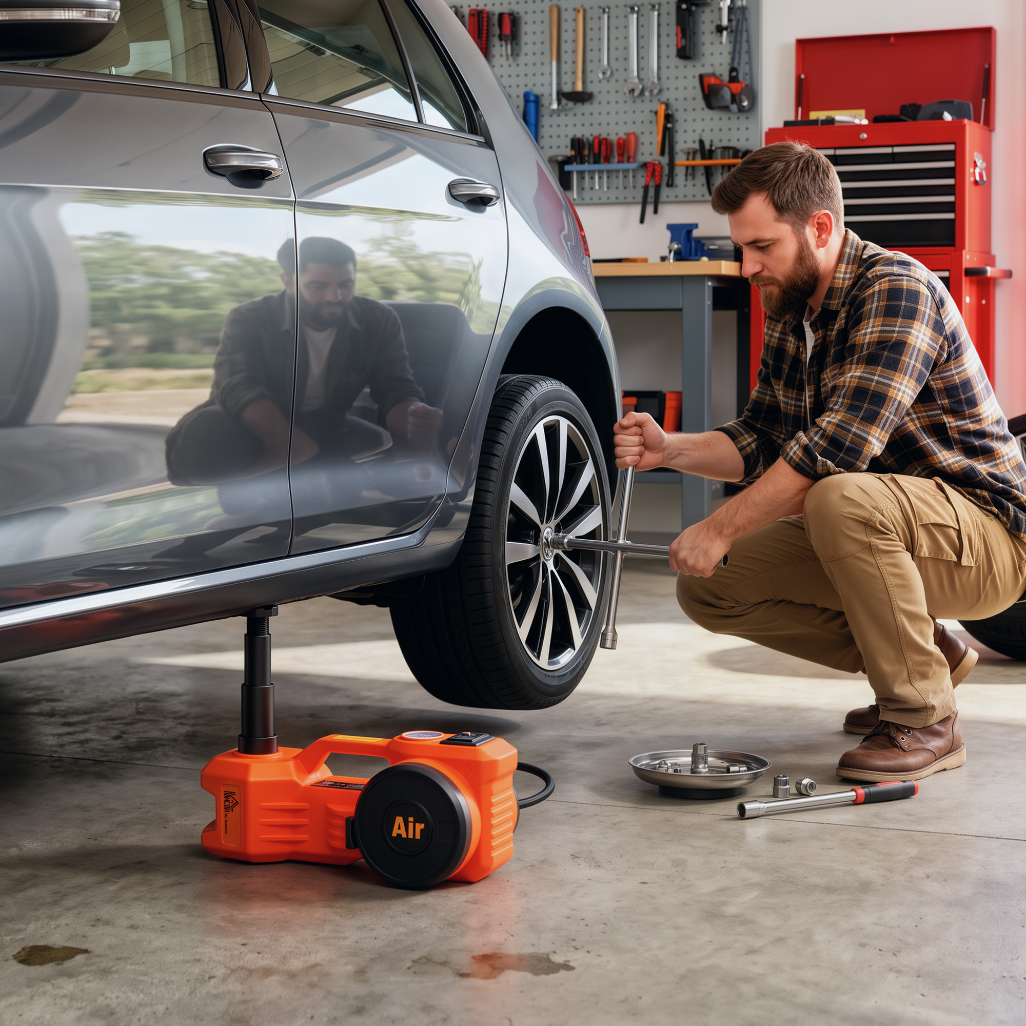 HOMCOM Kit de Gato Hidráulico Eléctrico de 5T 12V, Elevador de Coche Automático 155-450 mm, Gato Elevador con Bomba Aire, Llave Hexagonal, Martillo de Seguridad y Maletín Reflectante para SUV y Sedán
