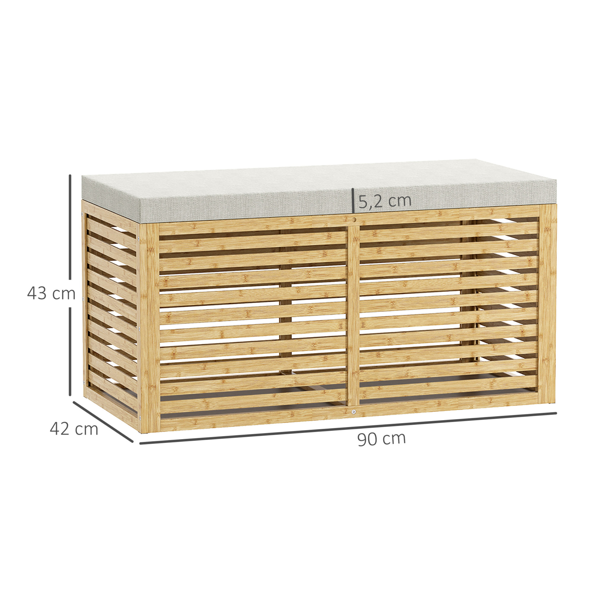Baúl de Almacenaje para Dormitorio 122L Taburete de Almacenaje Tapizado en Lino Sintético con Cojín Marco de Bambú para Entrada Salón 90x42x43 cm Gris y Natural