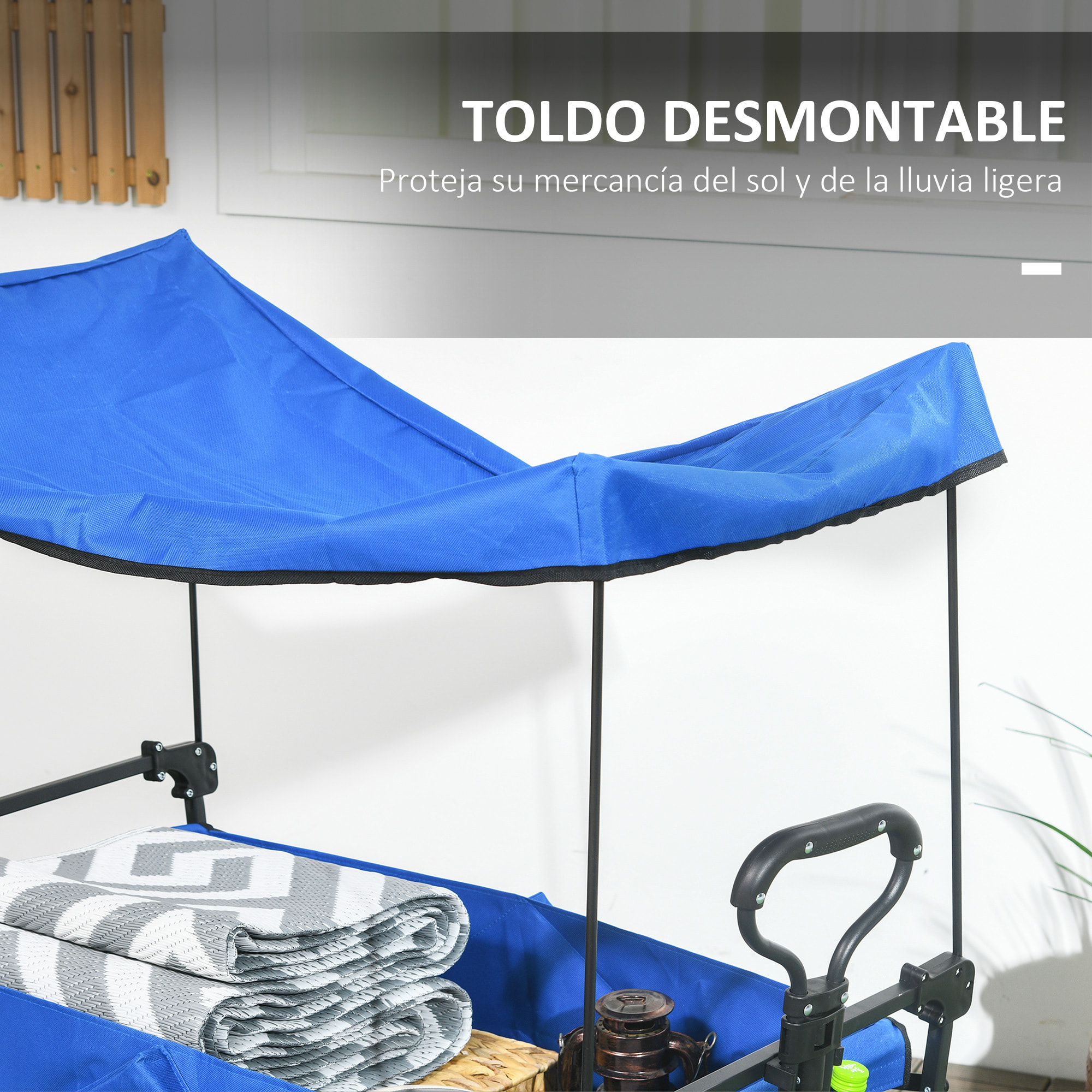 Carro Plegable con Toldo Desmontable Carro de Jardín con Longitud y Ángulo del Mango Ajustables y Bolsa de Transporte Carga 100 kg Azul