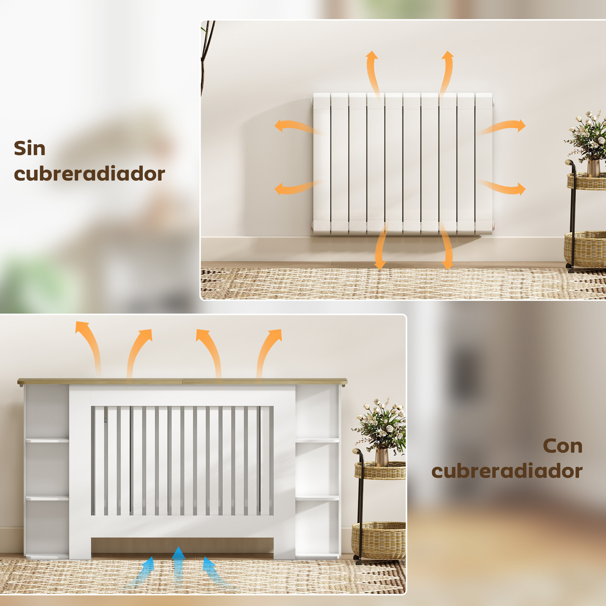 Cubre Radiadores con Estantes, Cubreradiador de MDF, Cubierta para Radiador, Diseño Moderno de Listones, para Salón, Dormitorio, 152x19x83 cm, Blanco