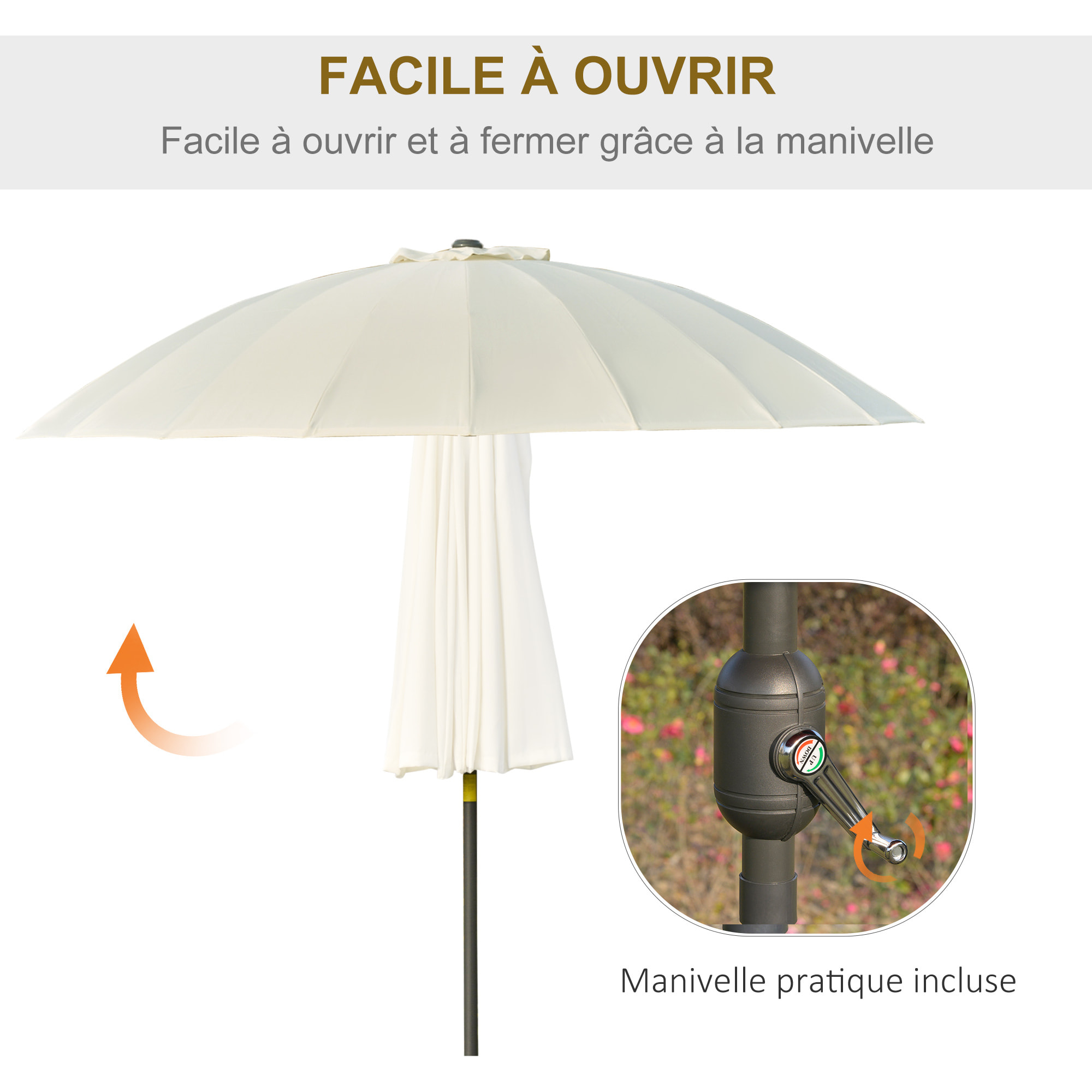 Parasol inclinable rond avec manivelle métal fibre de verre Ø 2,55 m polyester haute densité beige