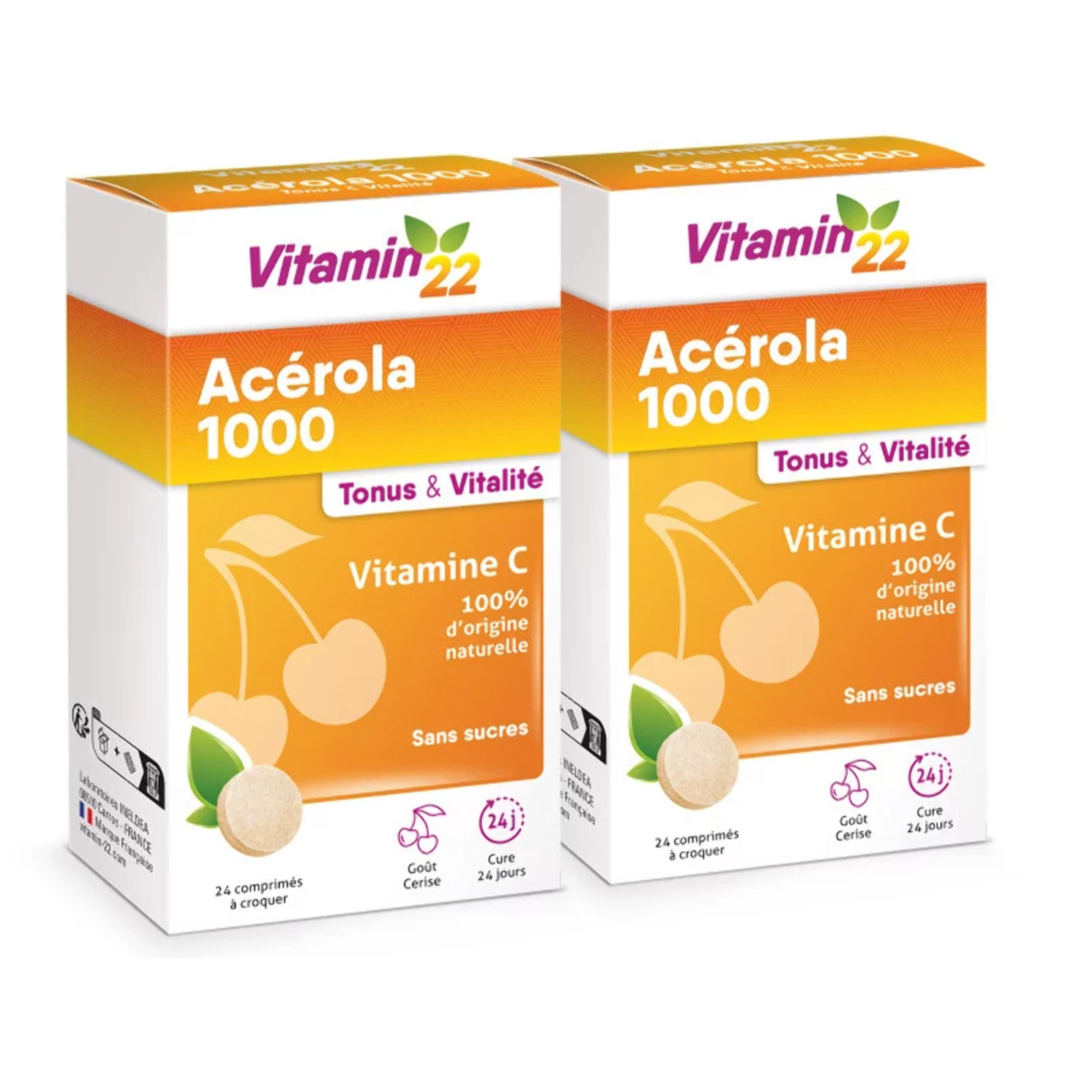 VITAMIN'22 - Acerola 1000 - Complément alimentaire à base d'Acérola- Vitamine C 100% d'origine naturelle - Sans sucre - Sans gluten - Goût Cerise - Cure de 24 j - Lot de 2 produits