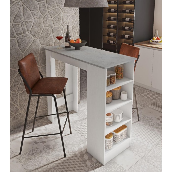 Tavolo penisola da cucina con 4 ripiani, Mobile da bar, Tavolo alto ausiliare, cm 112x49,50xh106, colore Bianco e Cemento