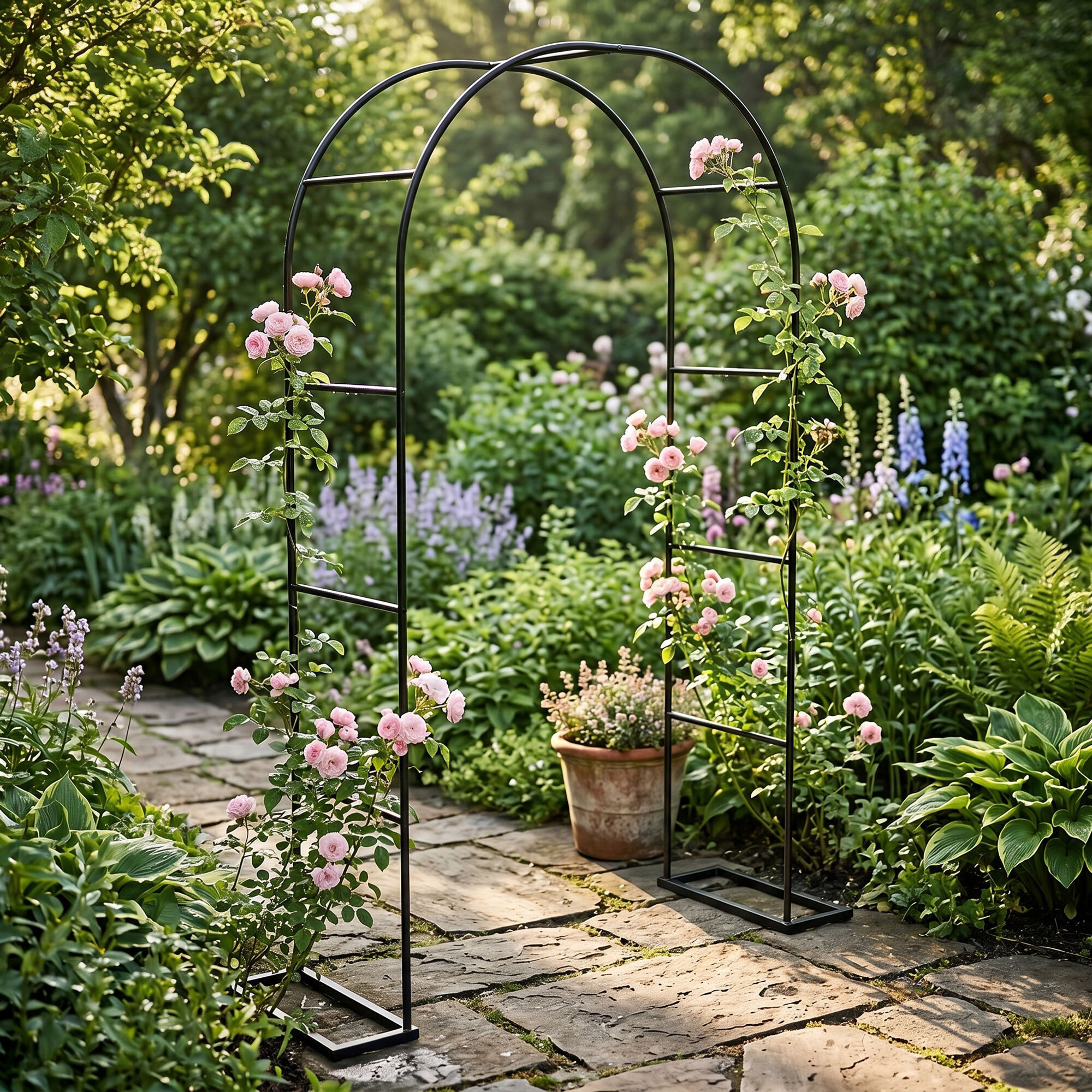 Kiros - Arco Floreale Da Giardino con Base Lunghezza e Altezza Regolabili Supporto per piante in Metallo Nero