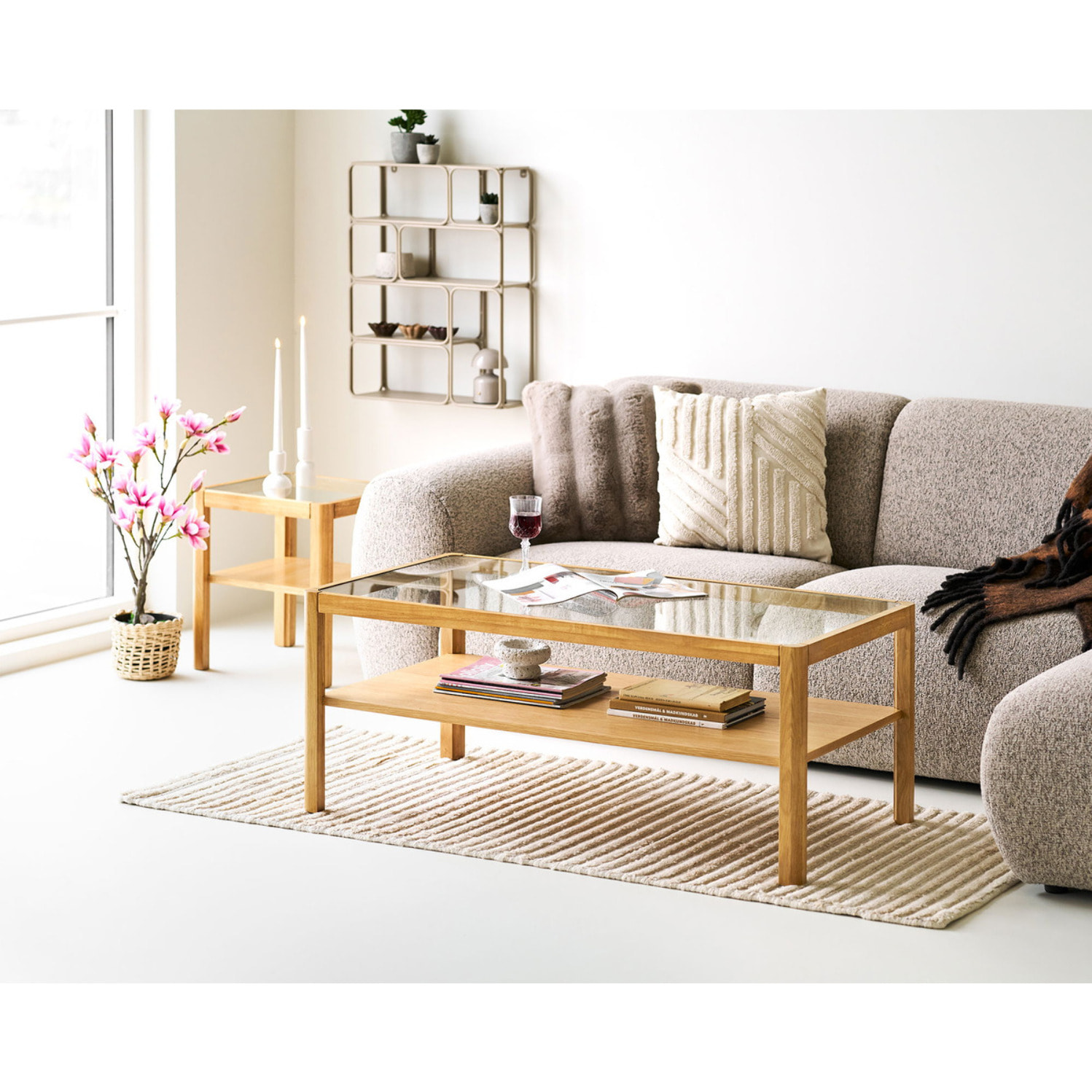 Tavolino da salotto Lourmarin in rovere e vetro temperato naturale 110×60 cm