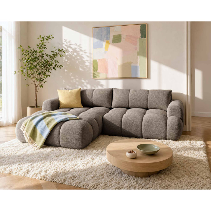 Yulin - Canapé d'angle gauche 4 places convertible avec coffre en tissu bouclette - Taupe