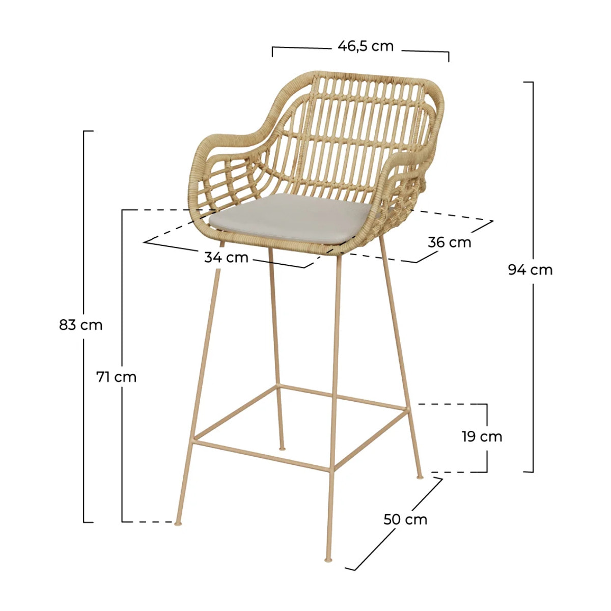 Chaise de bar en rotin, coussin en tissu et pieds en métal beige 71 cm - Chiloé