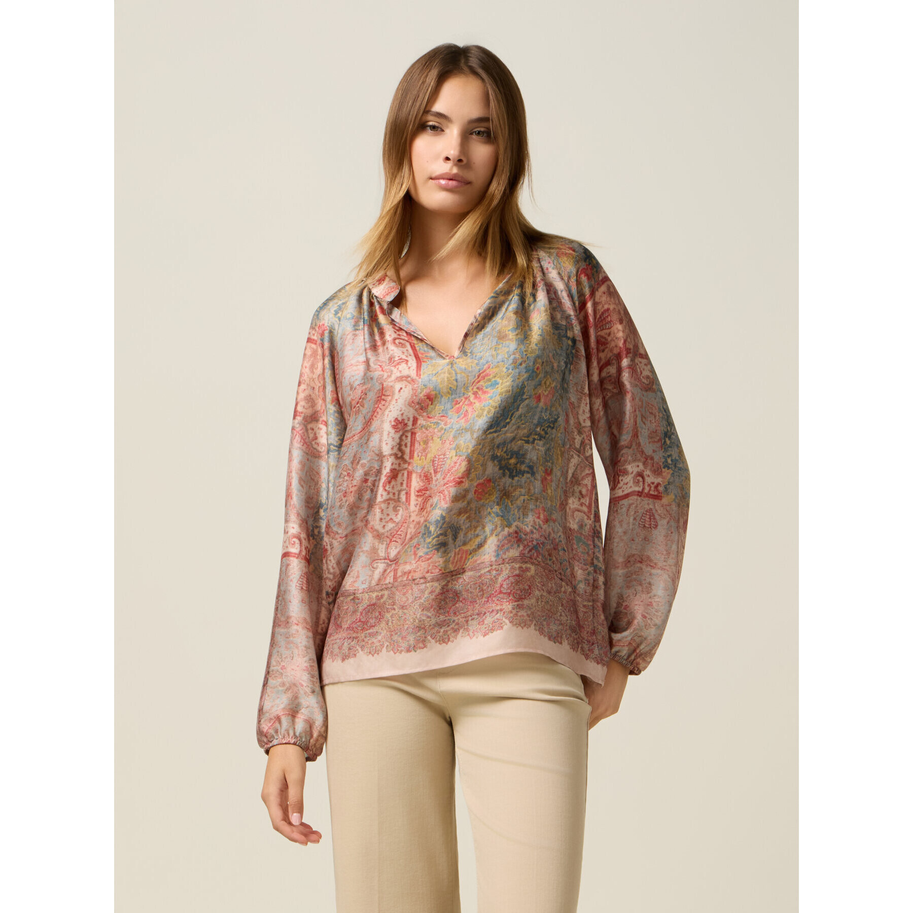 Oltre - Blusa in raso fantasia - Beige