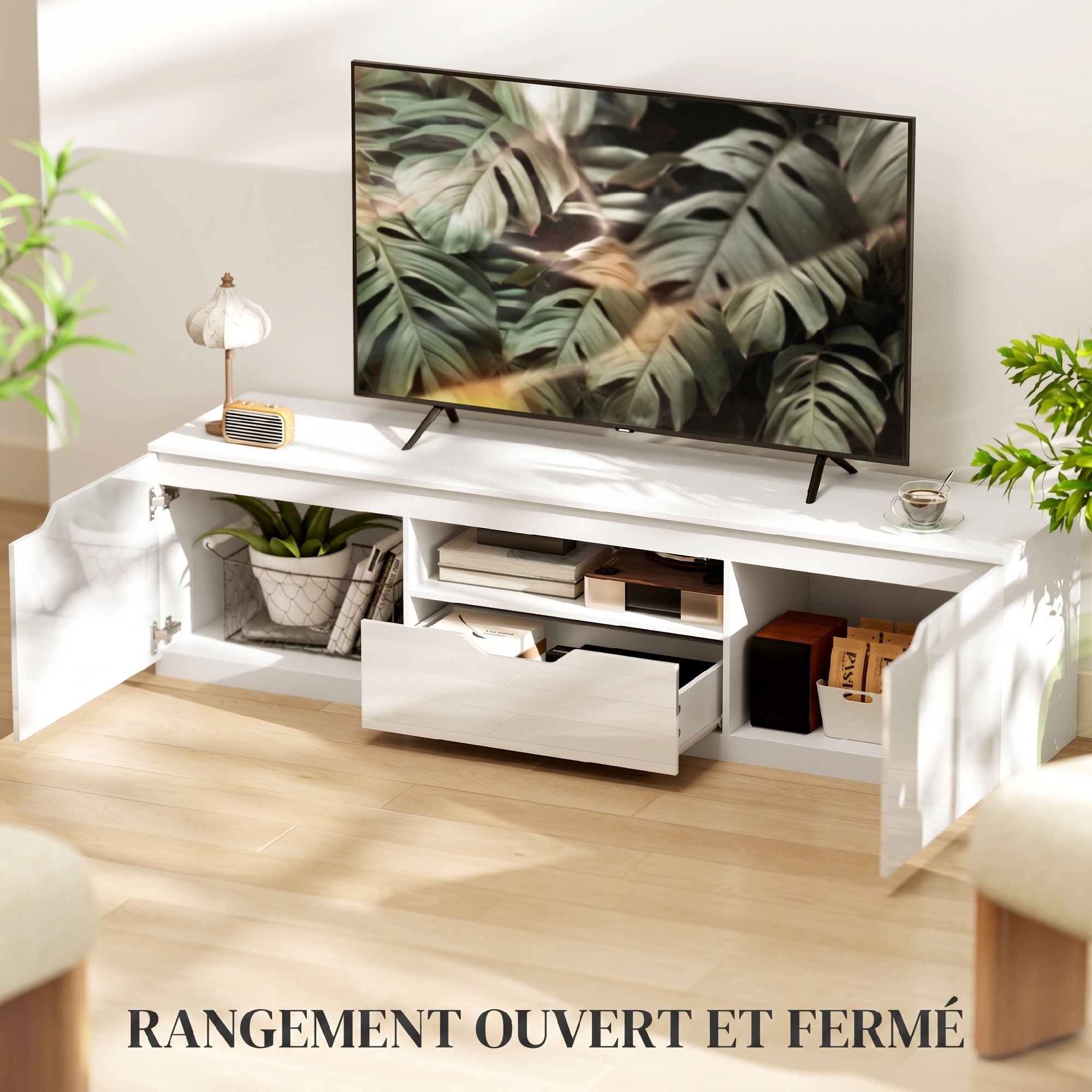 Meuble TV design façade laquée 2 portes tiroir niche blanc